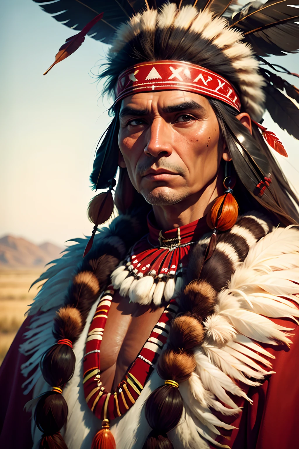 best quality, masterpiece, (photorealistic:1.4), RAW photo, 8k close-up photography, Large Comanche Indian chief with typical feather headdress. No beard or mustache.