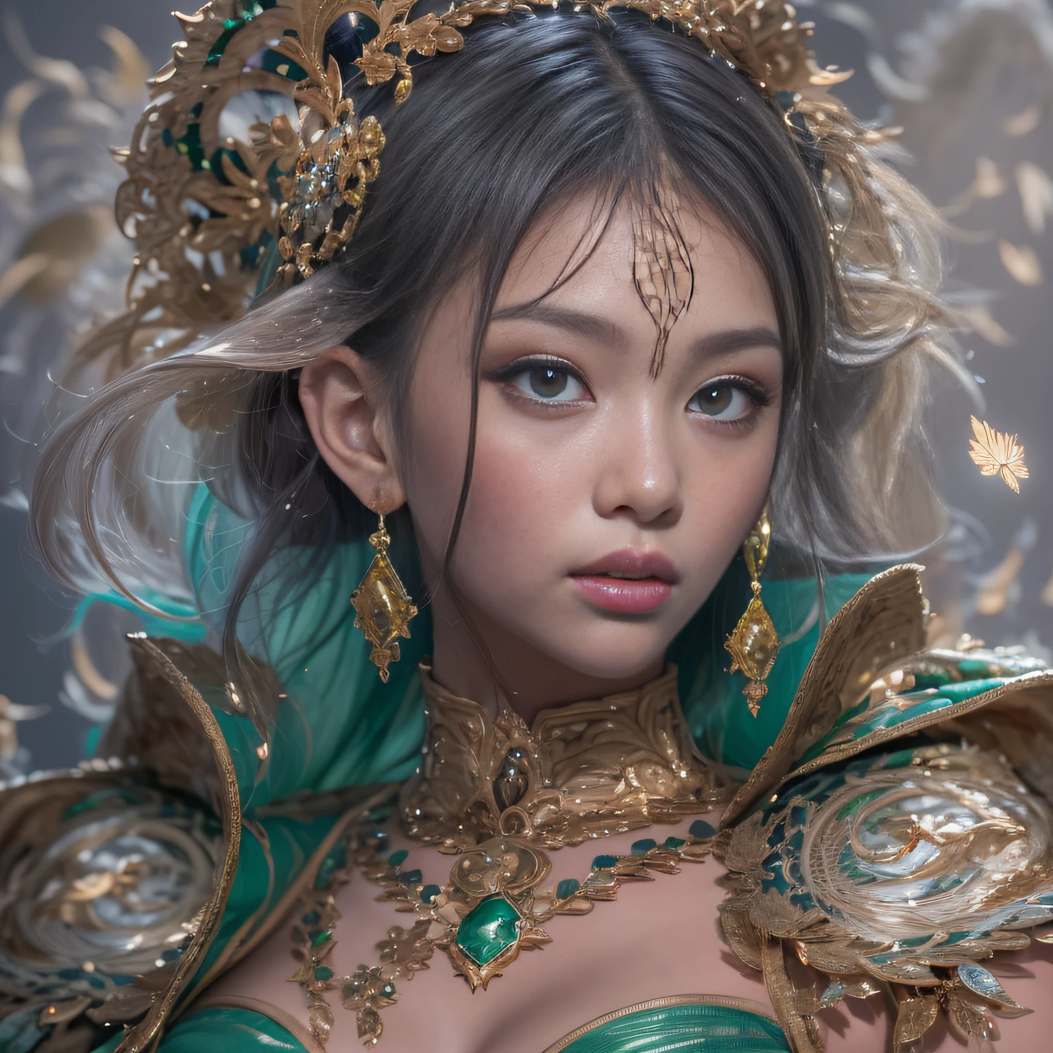 16k（tmasterpiece，k hd，hyper HD，16k）short detailed hair，Gold jewelry area in the back room，Mist Girl ，Emerald Dragon Protector （realisticlying：1.4），Python pattern robe，Purple-pink tiara，Snowflakes fluttering，The background is pure，Hold your head high，Be proud，The nostrils look at people， A high resolution， the detail， RAW photogr， Sharp Re， Nikon D850 Film Stock Photo by Jefferies Lee 4 Kodak Portra 400 Camera F1.6 shots, Rich colors, ultra-realistic vivid textures, Dramatic lighting, Unreal Engine Art Station Trend, cinestir 800，Hold your head high，Be proud，The nostrils look at people