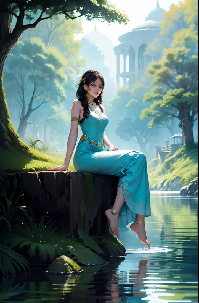 Sitting by a lake full of lotus flowers, feet playing in the water, the art depicts a charming woman with a melon face, dressed in a flowing, silky traditional oriental dress, long, aqua blue, decorated with intricate patterns and bright colors. Her dress drapes elegantly over her curvy figure, accentuating her seductive silhouette. She sits gracefully by the tranquil lotus lake, her feet playing in the water, bathed in the soft glow of the moonlight. The scene exudes an ethereal and dreamy atmosphere, with a touch of mystery and sexiness. The graphic style blends watercolor and digital illustration techniques to evoke a refined beauty and charm. The lights are filled with soft moonlight, casting soft highlights and shadows on her charming features. Bare thighs, big breasts, three-dimensional facial features, sitting, upturned legs, side braids