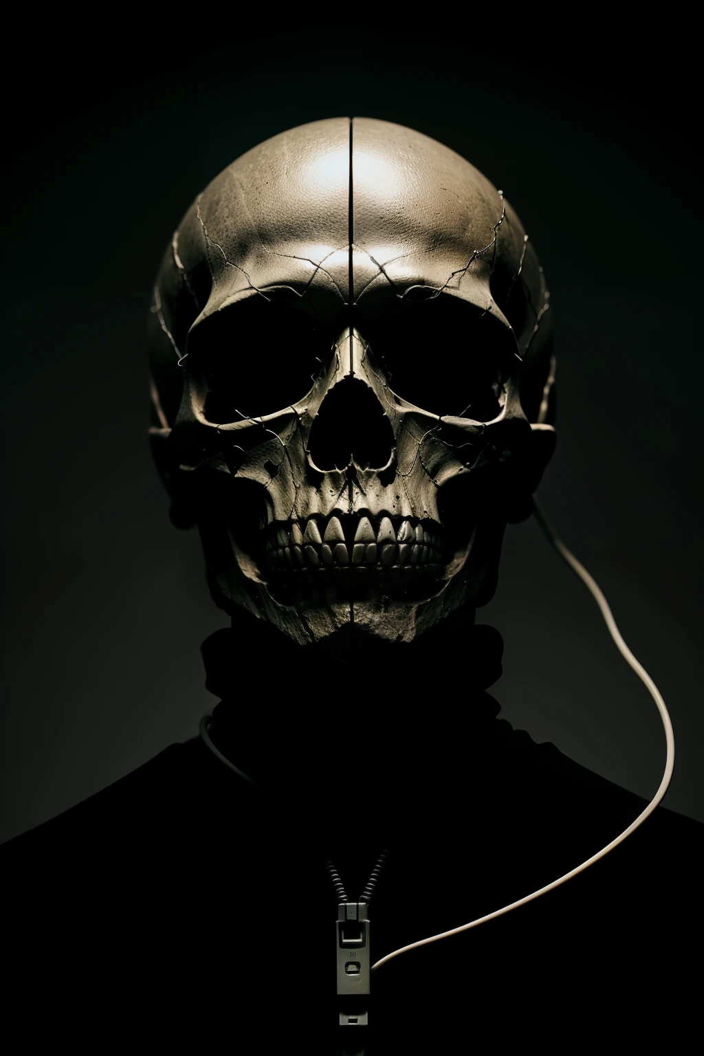 basic human skull made of wires, dark theme