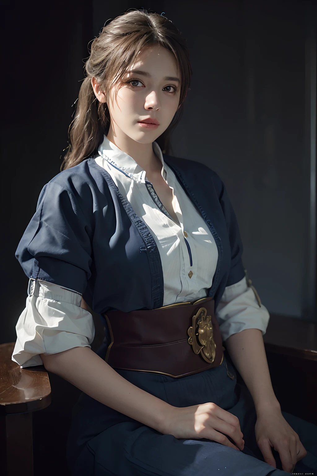 Hyperrealist portrait of female by david hockney and alphonse mucha,fantasy art, photo realistic, dynamic lighting, artstation, poster, volumetric lighting, very detailed faces, 4 k, award winning,, 1girl, in the dark, deep shadow, low key,cowboy shot,(official clothing:1.4) ,long hair,white hair,