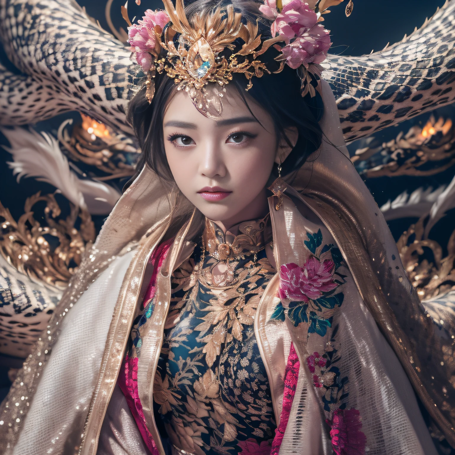16k(tmasterpiece,k hd,hyper HD,16k)short detailed hair,Gold jewelry area in the back room,Smoke ring girl ,Protector of the Cloisonné Dragon (realisticlying:1.4),Python pattern robe,Purple-pink tiara,Snowflakes fluttering,The background is pure,Hold your head high,Be proud,The nostrils look at people, A high resolution, the detail, RAW photogr, Sharp Re, Nikon D850 Film Stock Photo by Jefferies Lee 4 Kodak Portra 400 Camera F1.6 shots, Rich colors, ultra-realistic vivid textures, Dramatic lighting, Unreal Engine Art Station Trend, cinestir 800,Hold your head high,Be proud,The nostrils look at people