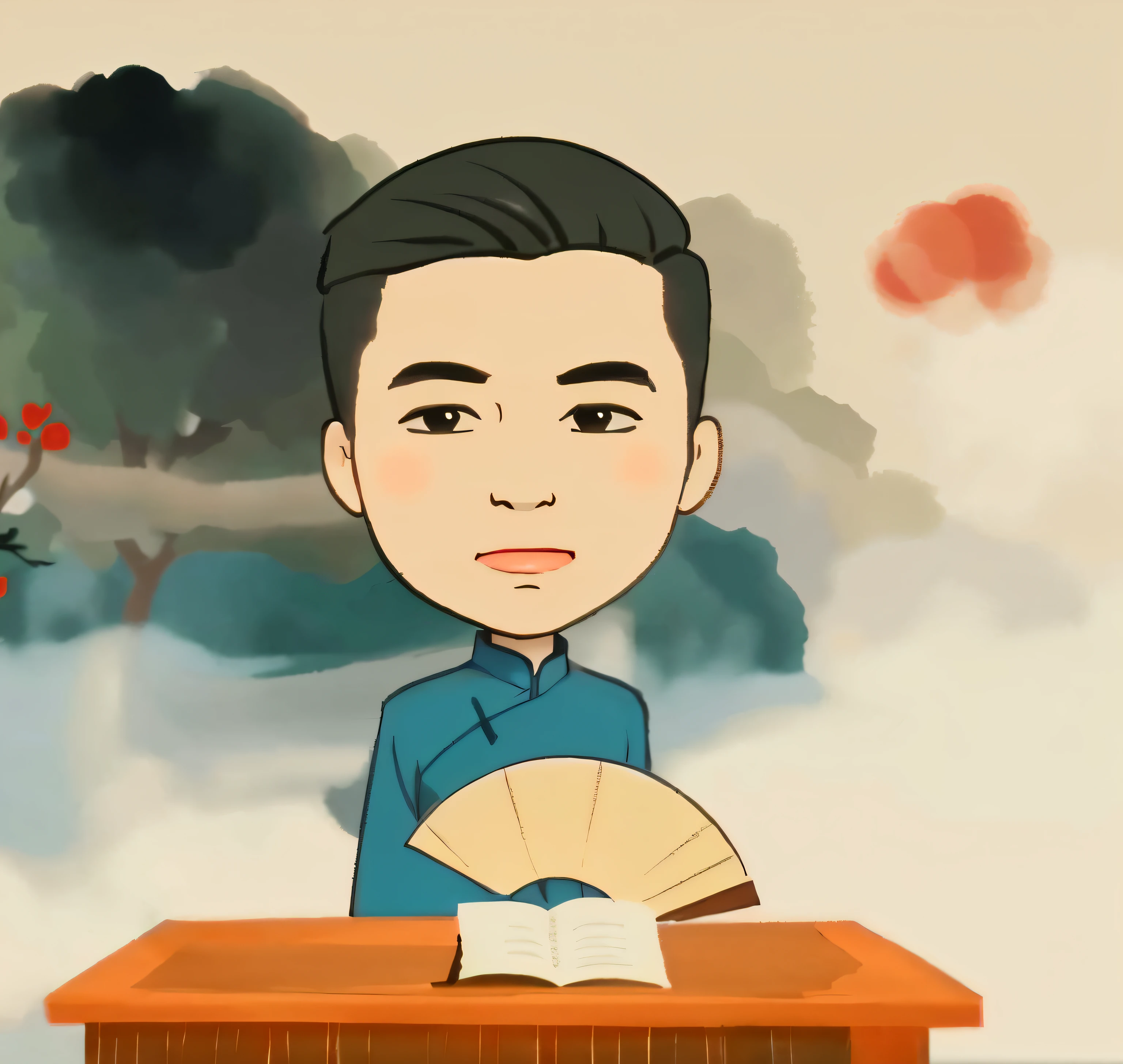 Close-up of cartoon character holding a fan in front of a table, On the fan, The text of the February half-storytelling is written in line letters,Inspired by ancient Chinese storytellers, Commentary, crosstalk master, inspired by Chen Daofu, inspired by Cao Buxing, in the style of sifu 🔥 😎 🕹️ 👀 :2, Inspired by Cao Zhibai, corporate animation style, inspired by Fan Qi, inspired by Xia Gui