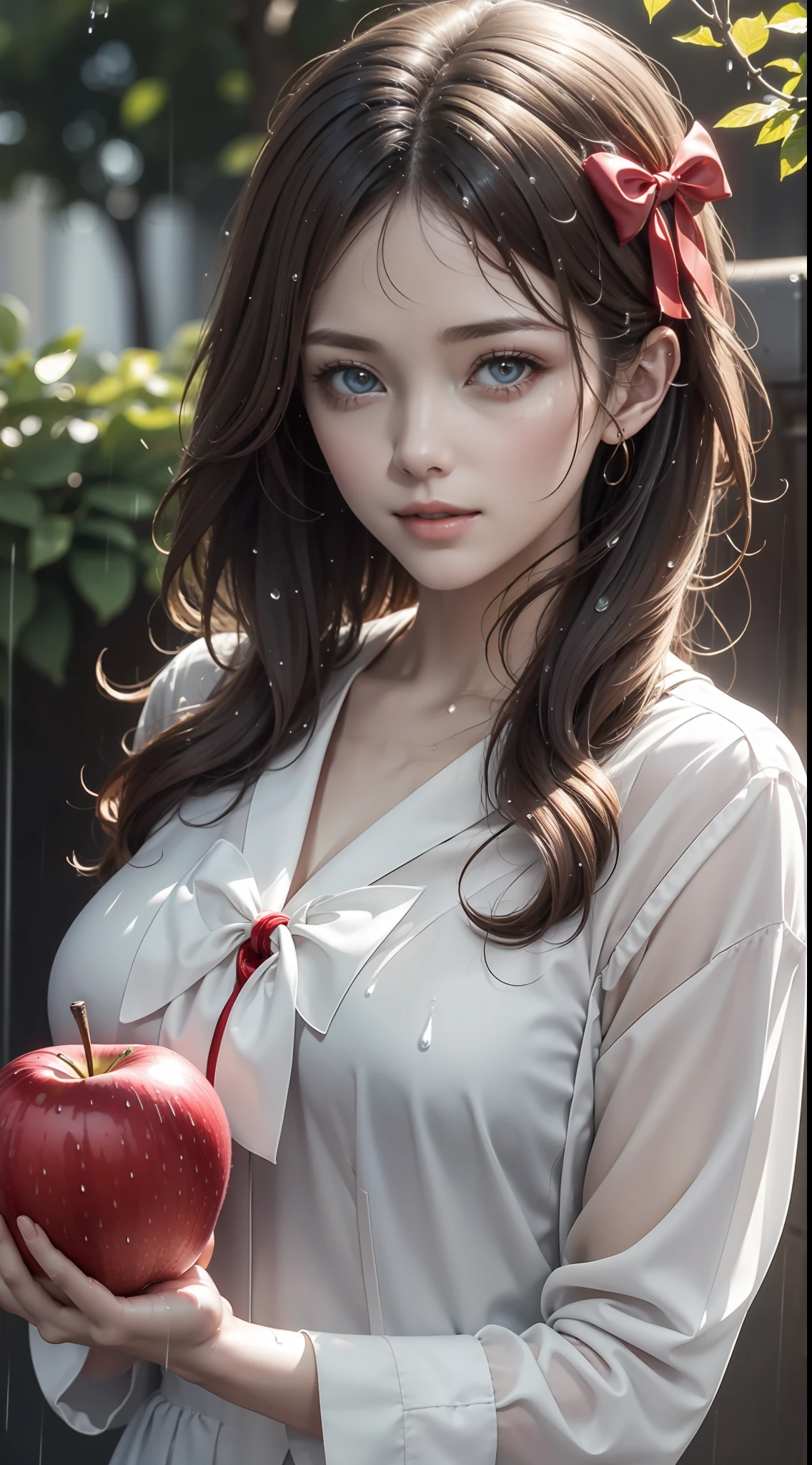 Big red bow hair ornament，Blonde hair，A lot of hair，detailed hairs，Beautiful woman holding a shiny big red apple，White sailor suit，3Drenderingof。rainy wet，Wet with rain，Get wet：1.2）