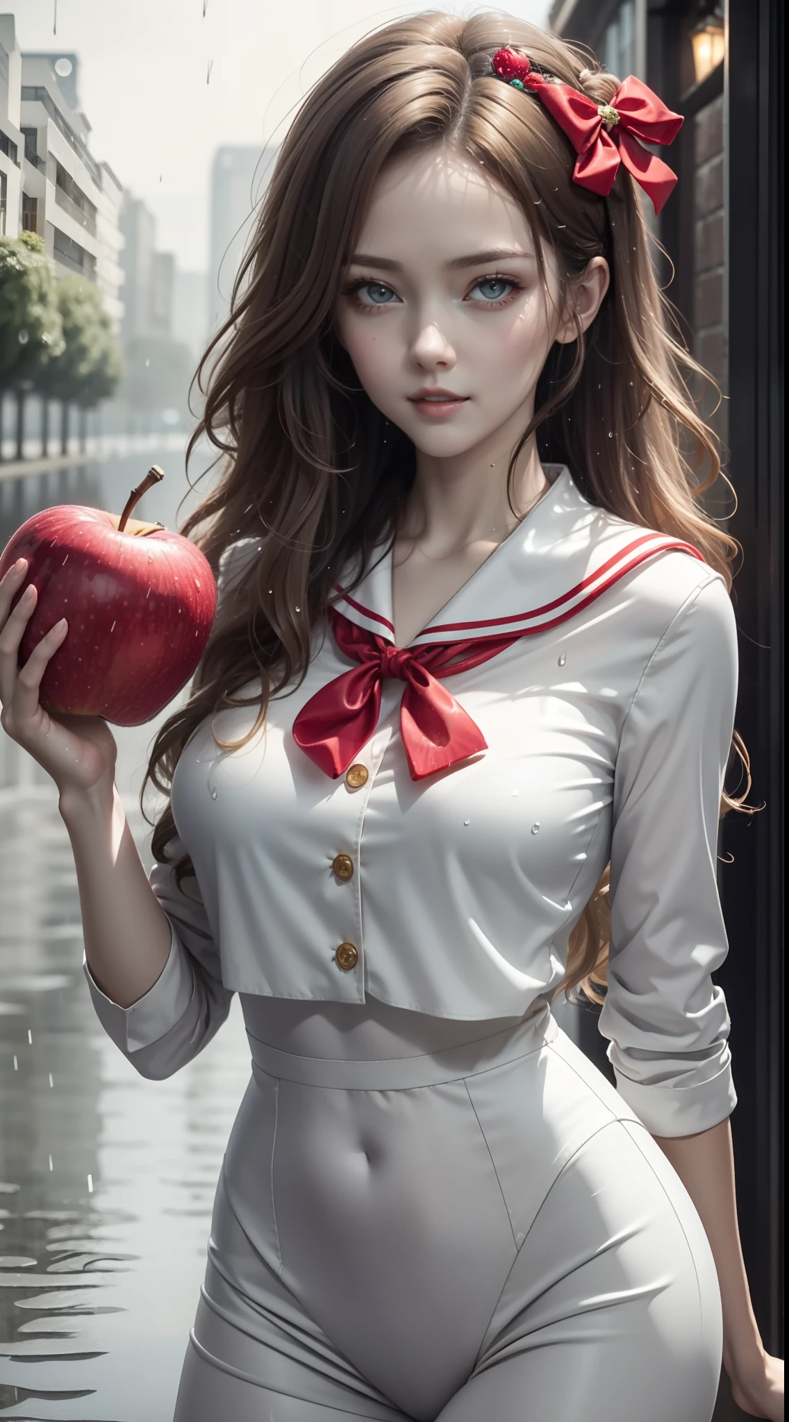 Big red bow hair ornament，Blonde hair，A lot of hair，detailed hairs，Beautiful woman holding a shiny big red apple，White sailor suit，3Drenderingof。rainy wet，Wet with rain，Get wet：1.2）
