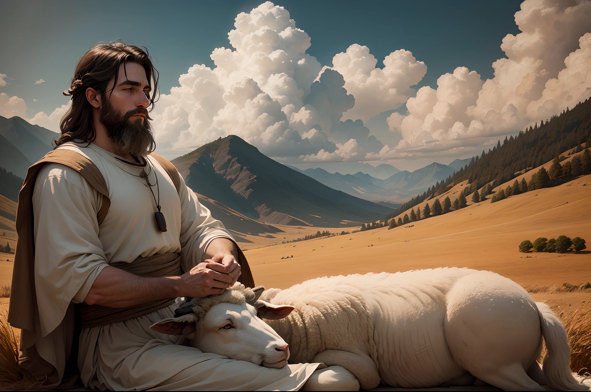 RAW photo, best, masterpiece, best quality, high quality, extremely detailed, a representation of the connection between man and nature, where we see a shepherd tending his sheep, with a sky of linen, high quality photography Intricately detailed, the scene conveys a sense of peace and tranquility