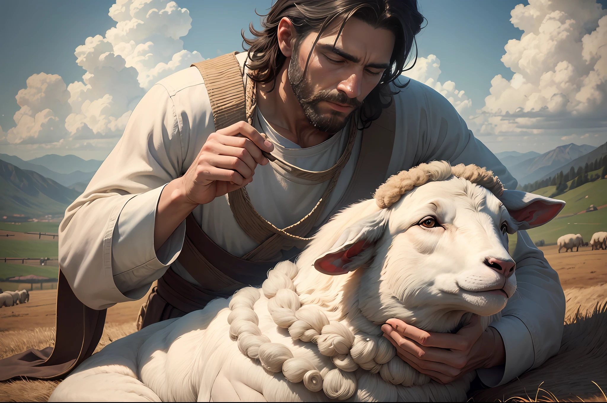 RAW photo, best, masterpiece, best quality, high quality, extremely detailed, a representation of the connection between man and nature, where we see a shepherd tending his sheep, with a sky of linen, high quality photography Intricately detailed, the scene conveys a sense of peace and tranquility