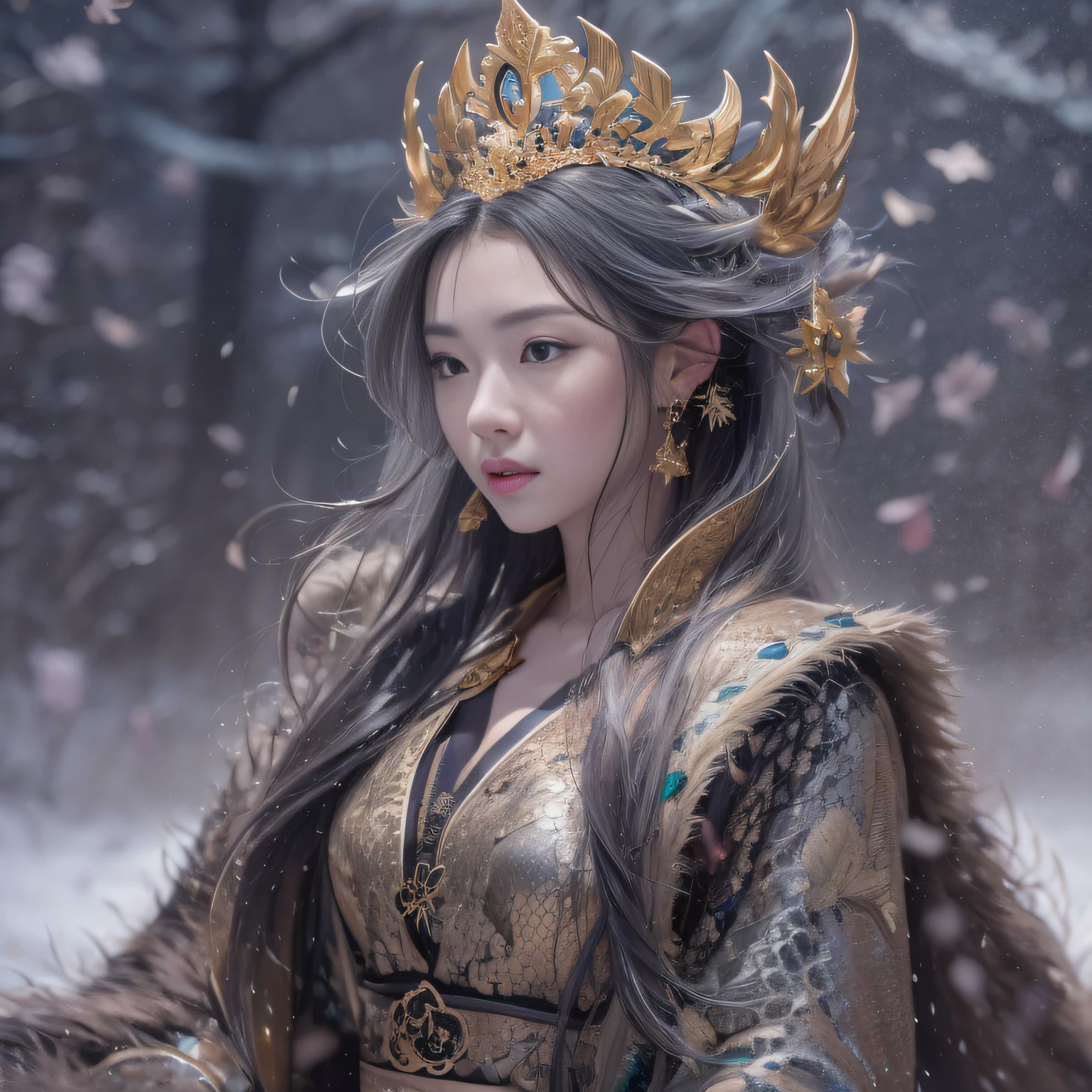 16k(tmasterpiece,k hd,hyper HD,16k)short detailed hair,Gold jewelry area in the back room,Flame Girl ,Yao Lang protector (realisticlying:1.4),Python pattern robe,Purple-pink tiara,Snowflakes fluttering,The background is pure,Hold your head high,Be proud,The nostrils look at people, A high resolution, the detail, RAW photogr, Sharp Re, Nikon D850 Film Stock Photo by Jefferies Lee 4 Kodak Portra 400 Camera F1.6 shots, Rich colors, ultra-realistic vivid textures, Dramatic lighting, Unreal Engine Art Station Trend, cinestir 800,Hold your head high,Be proud,The nostrils look at people