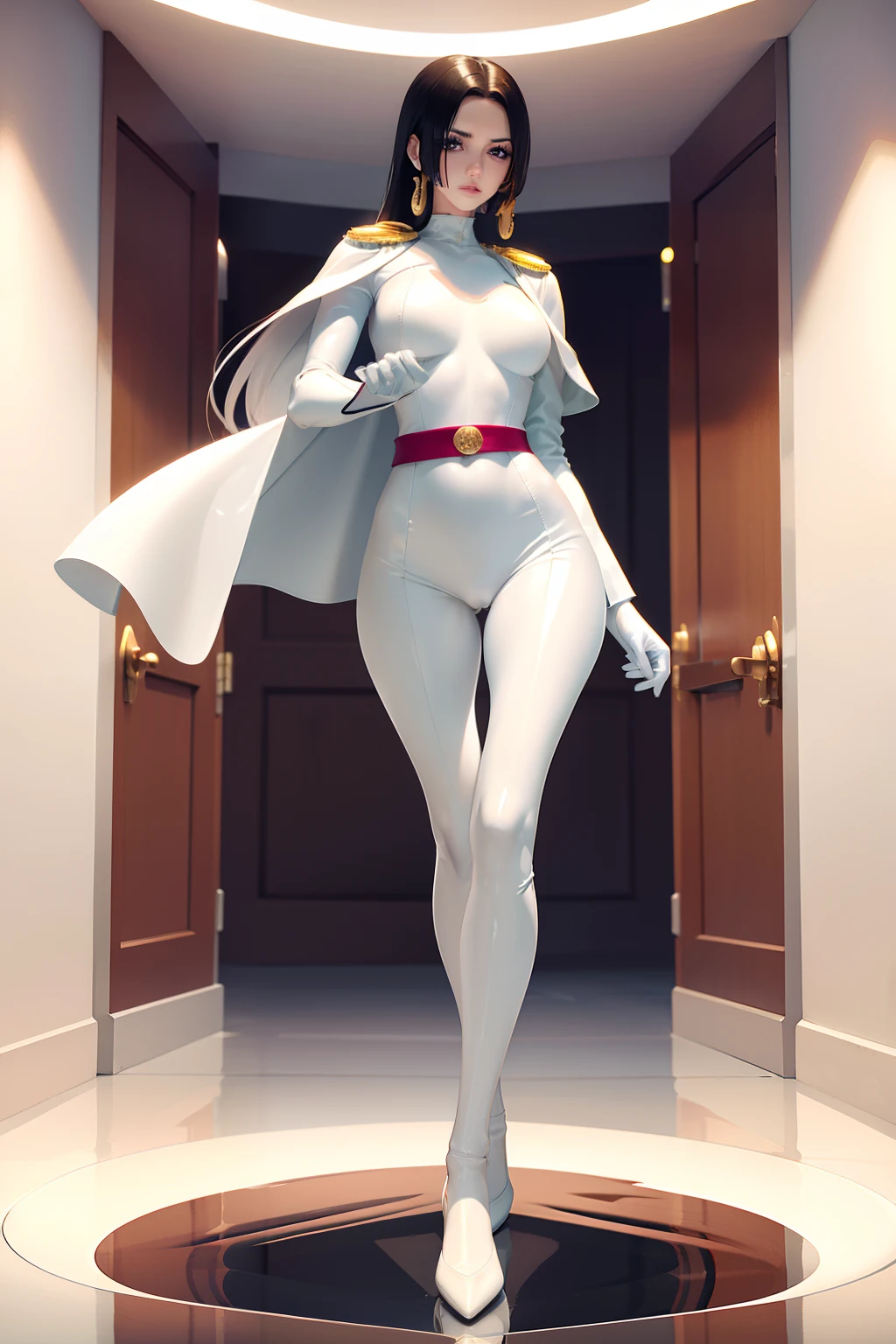 araffe in a white uniform posing in a room, tight outfit, hyperrealistic full figure, smooth white tight clothes suit, tight attire, 3 d white shiny thick, very sexy outfit, wearing tight suit, in white futuristic armor, intriguing outfit, glossy white armor, white silky outfit, tight full body suit, wearing atsuko kudo latex outfit,black hair