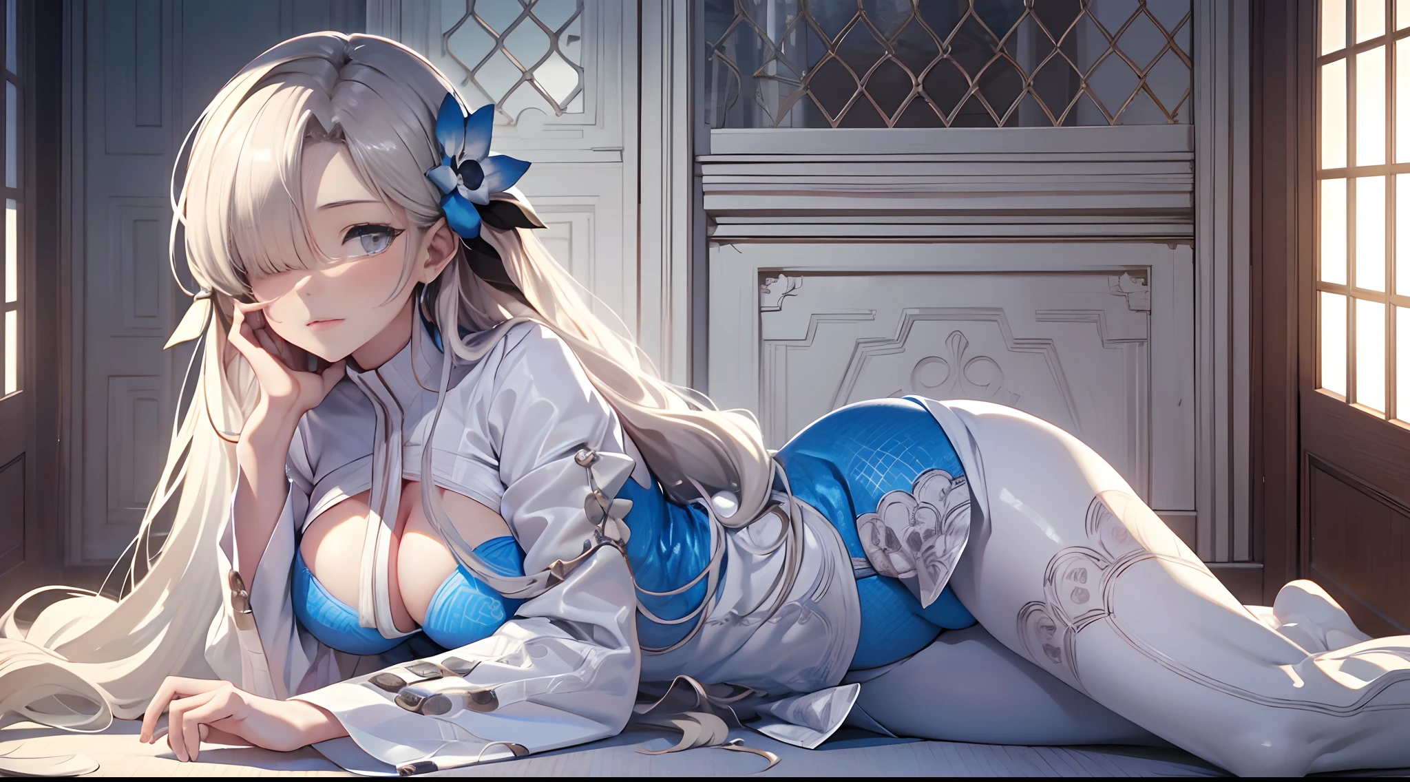 (Enrich the picture,Masterpiece level quality)Beautiful 8K CG artwork,Goddess-like posture,Kneeling exercise,Slim and soft,Translucent skin,White hair、The beauty of extra-long hair, Super Long Straight Hair,The skin is fair and juicy,Underwear uniforms,Perspective Part 1.2x enhanced silhouette effect,Exquisite transparent blues pattern in pajamas,The details are intricate and exquisite,The background is slightly blurred,Charming and lustful leg seduction,Drool,Extra-large big breasts,Blush,Japan goddess,Perfect body slim curves,