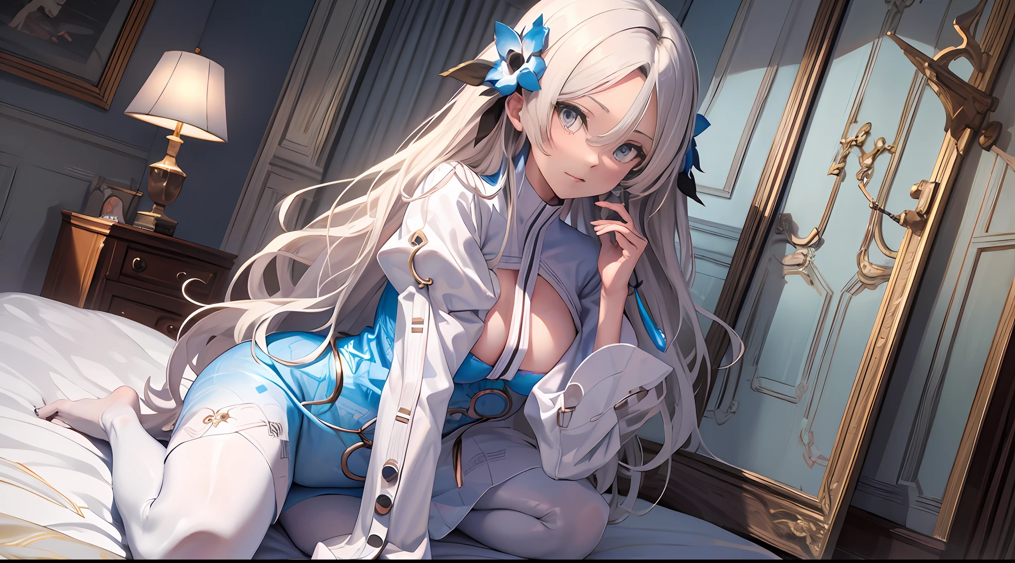 (Enrich the picture,Masterpiece level quality)Beautiful 8K CG artwork,Goddess-like posture,Kneeling exercise,Slim and soft,Translucent skin,White hair、The beauty of extra-long hair, Super Long Straight Hair,The skin is fair and juicy,Underwear uniforms,Perspective Part 1.2x enhanced silhouette effect,Exquisite transparent blues pattern in pajamas,The details are intricate and exquisite,The background is slightly blurred,Charming and lustful leg seduction,Drool,Extra-large big breasts,Blush,Japan goddess,Perfect body slim curves,