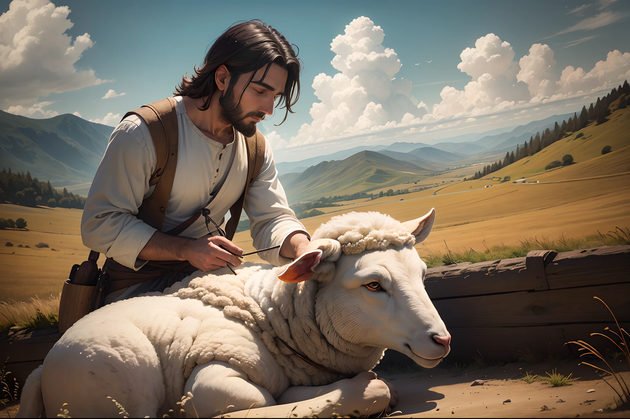 RAW photo, best, masterpiece, best quality, high quality, extremely detailed, a representation of the connection between man and nature, where we see a shepherd tending his sheep, with a sky of linen, high quality photography Intricately detailed, the scene conveys a sense of peace and tranquility