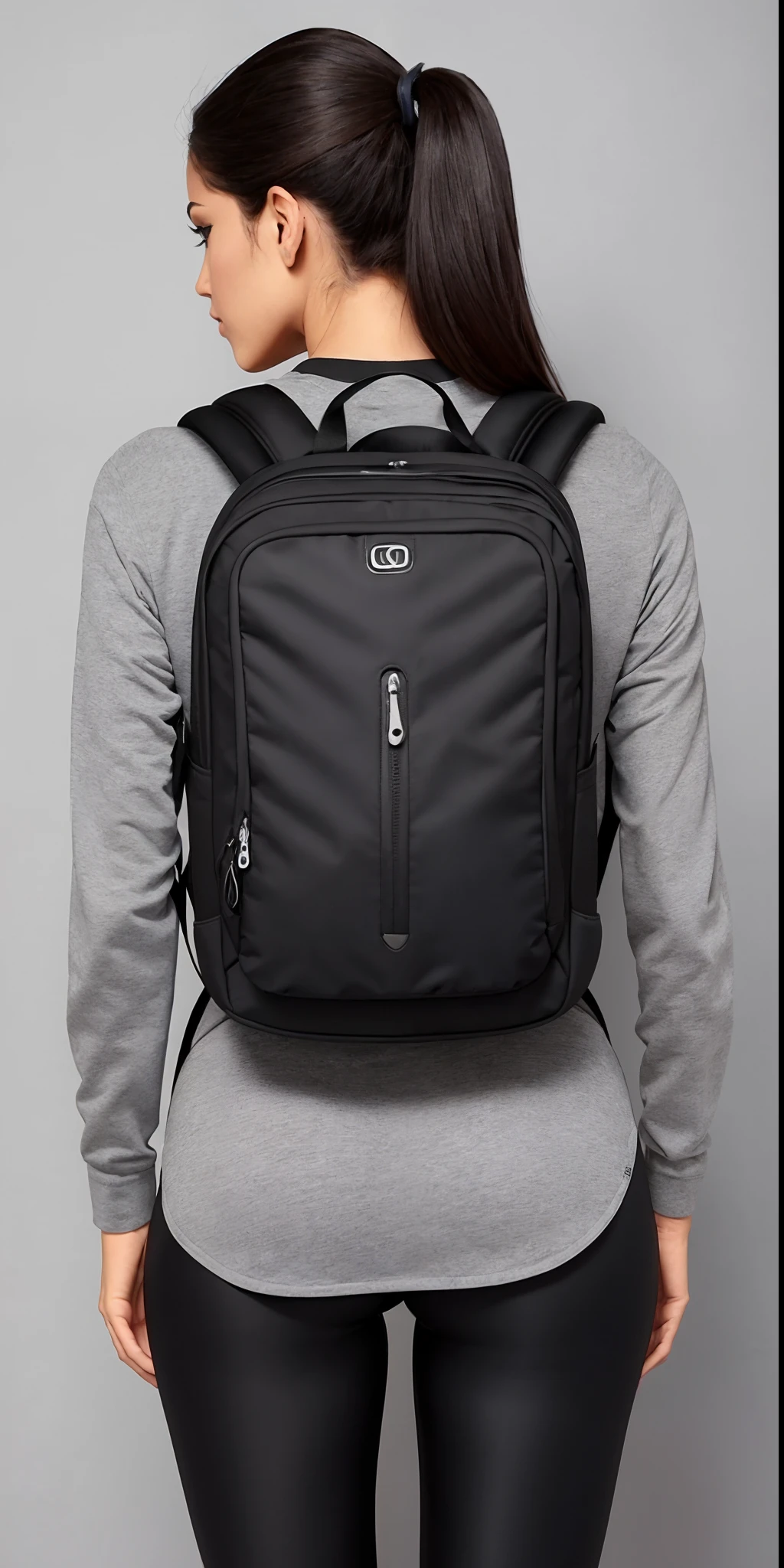 uma mulher linda ((with defined glutes)) Wearing a black backpack and leggings stands in front of a gray wall, rear facing, com uma mochila, uma mochila, uma mulher usando uma mochila, mochila, model is wearing techtical vest, voltar - ver, Relegado, different full body view, 3 / 4 view from back, com dois bolsos frontais, 3/4 vista frontal, saco sobre a cintura