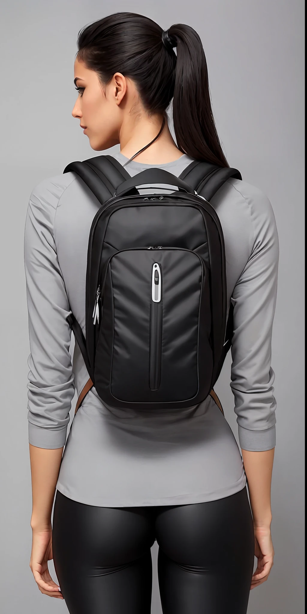 uma mulher linda ((with defined glutes)) Wearing a black backpack and leggings stands in front of a gray wall, rear facing, com uma mochila, uma mochila, uma mulher usando uma mochila, mochila, model is wearing techtical vest, voltar - ver, Relegado, different full body view, 3 / 4 view from back, com dois bolsos frontais, 3/4 vista frontal, saco sobre a cintura