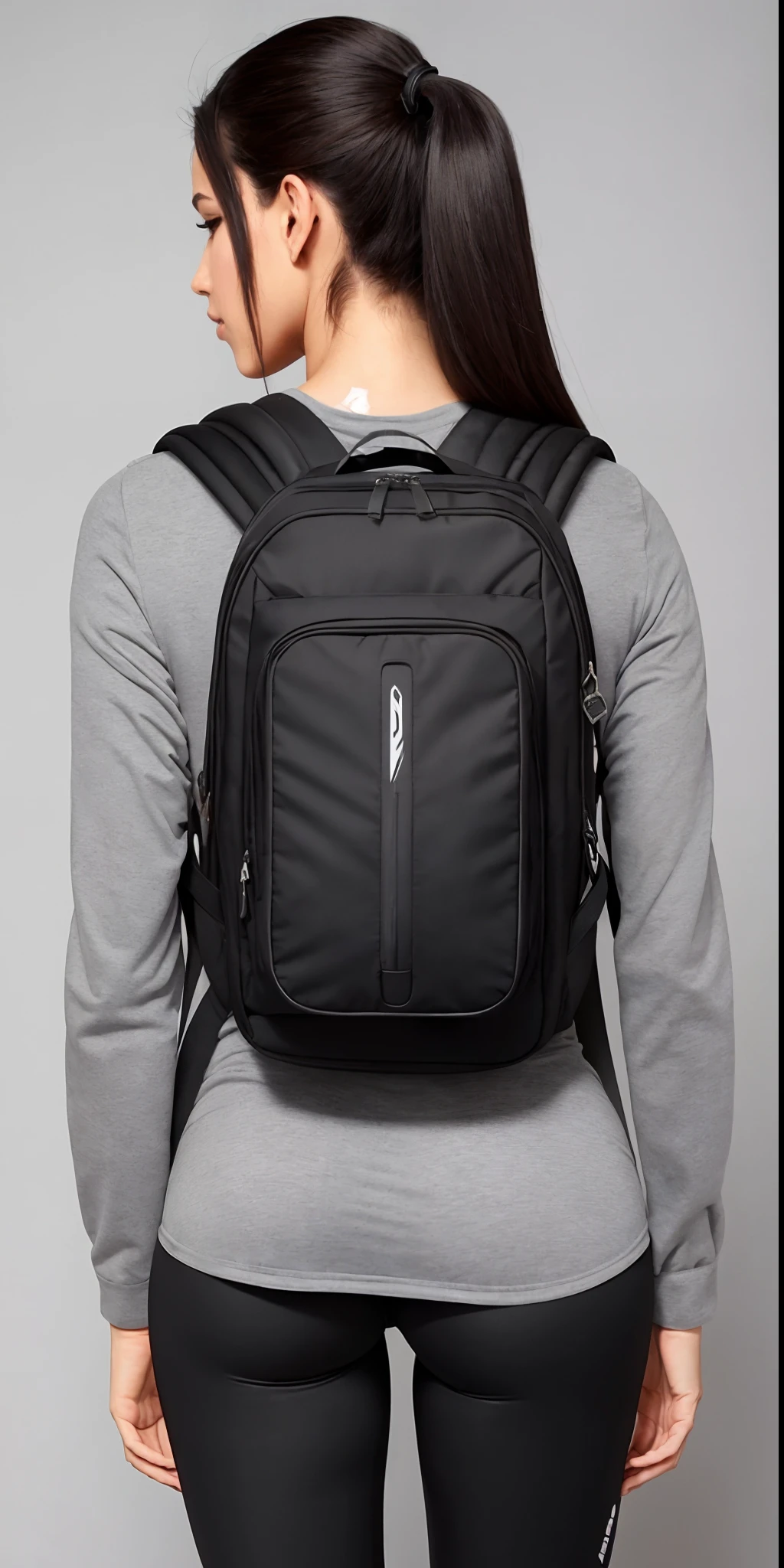 uma mulher linda ((with defined glutes)) Wearing a black backpack and leggings stands in front of a gray wall, rear facing, com uma mochila, uma mochila, uma mulher usando uma mochila, mochila, model is wearing techtical vest, voltar - ver, Relegado, different full body view, 3 / 4 view from back, com dois bolsos frontais, 3/4 vista frontal, saco sobre a cintura