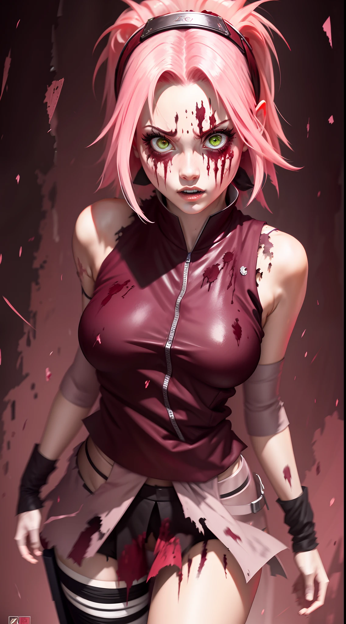 1girl, Sakura as a zombie, scary face, scary expression, bloody, torn clothes, thigh up shot, 8k wallpaper, best quality, masterpiece