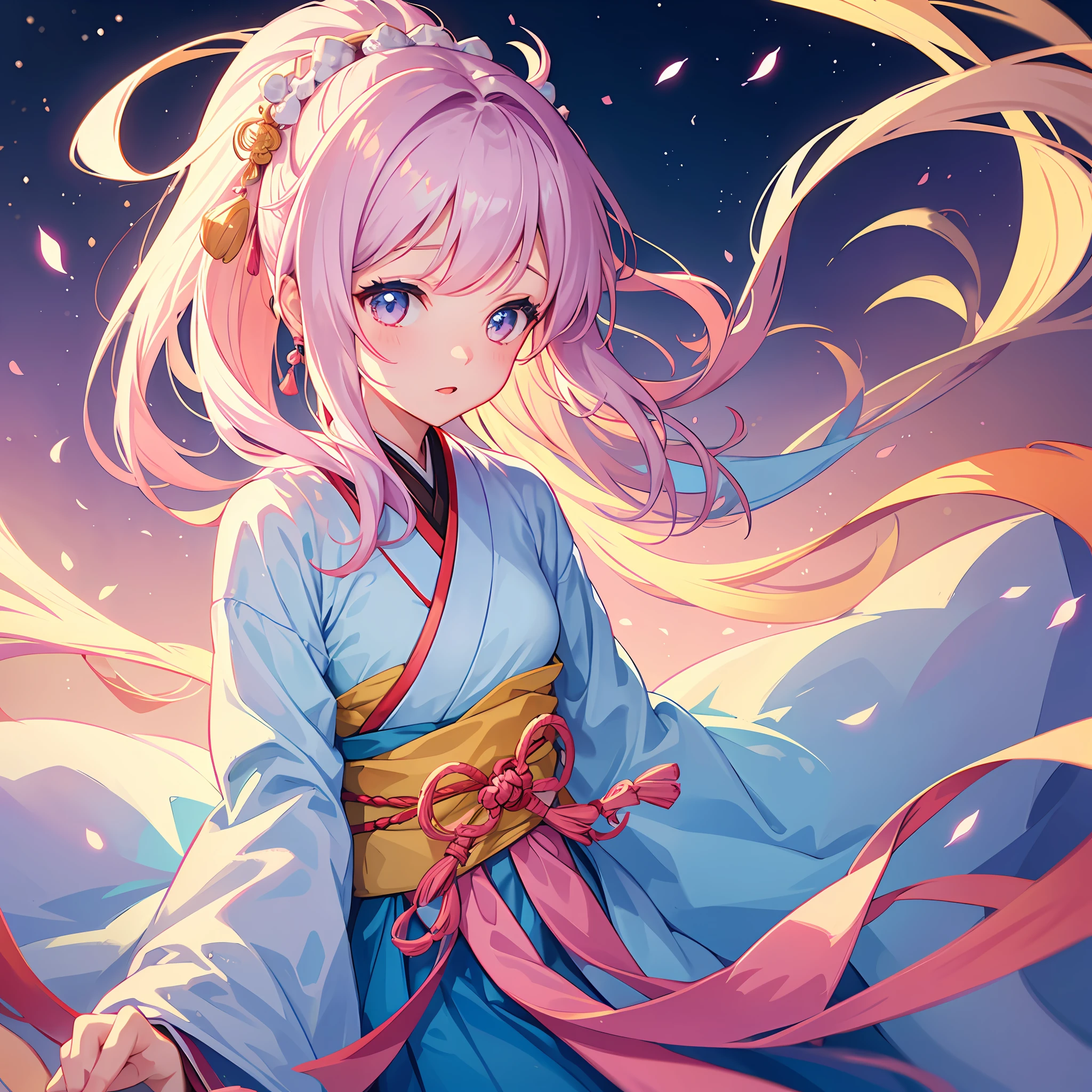 1girl, solo, (hanfu), glowing, sidelighting, obi, cute girl, pastel colors, expressive clothes, expressive hair, gradient hair,