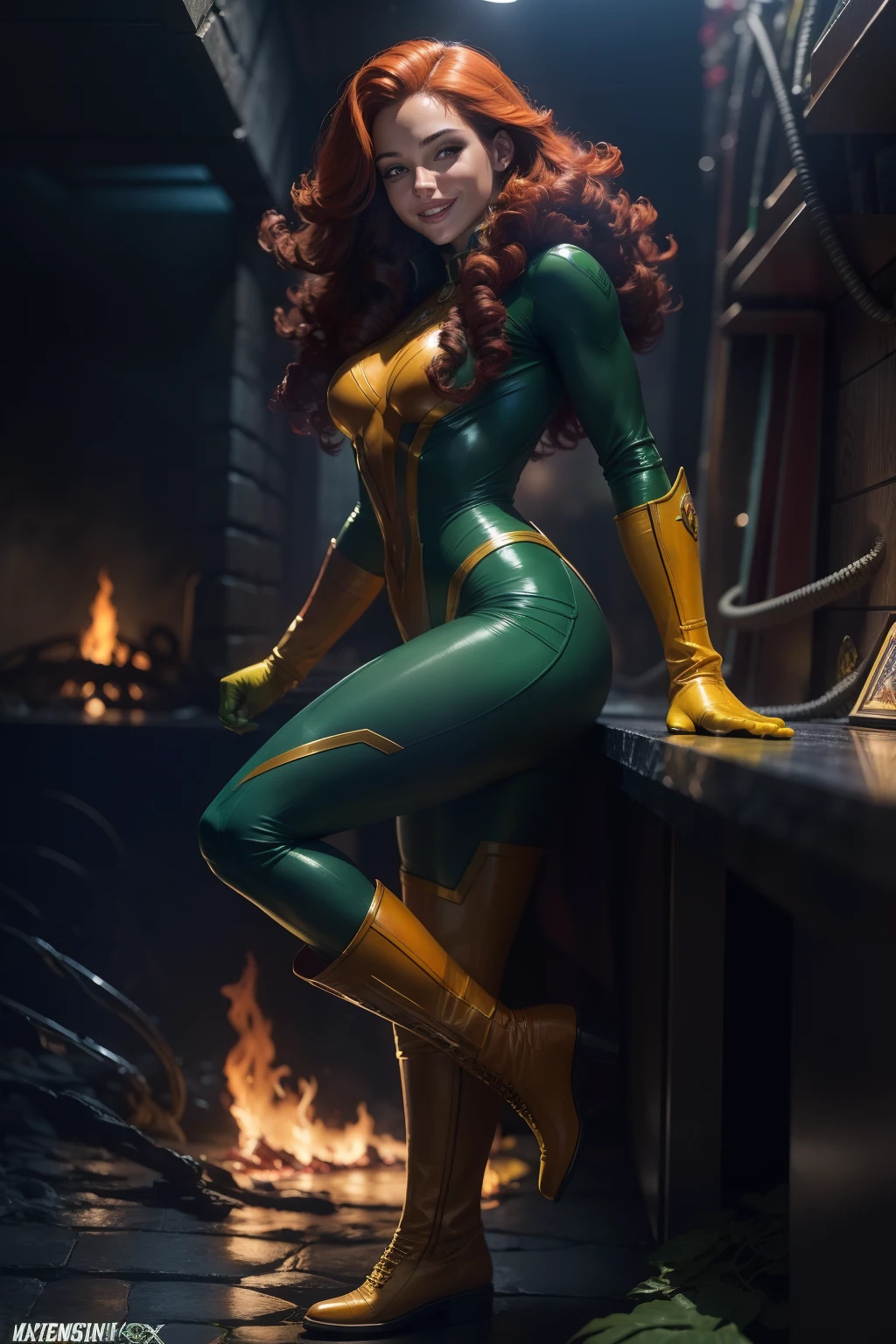 A masterpiece, Phoenix from The X-Men comic, perfect body, perfect face, Smiling,  Green suit, Yellow gloves and boots,  Long Red Curly Hair,  In a Hell of Fire, Bioluminicense, detailed and Intrincicated, HD