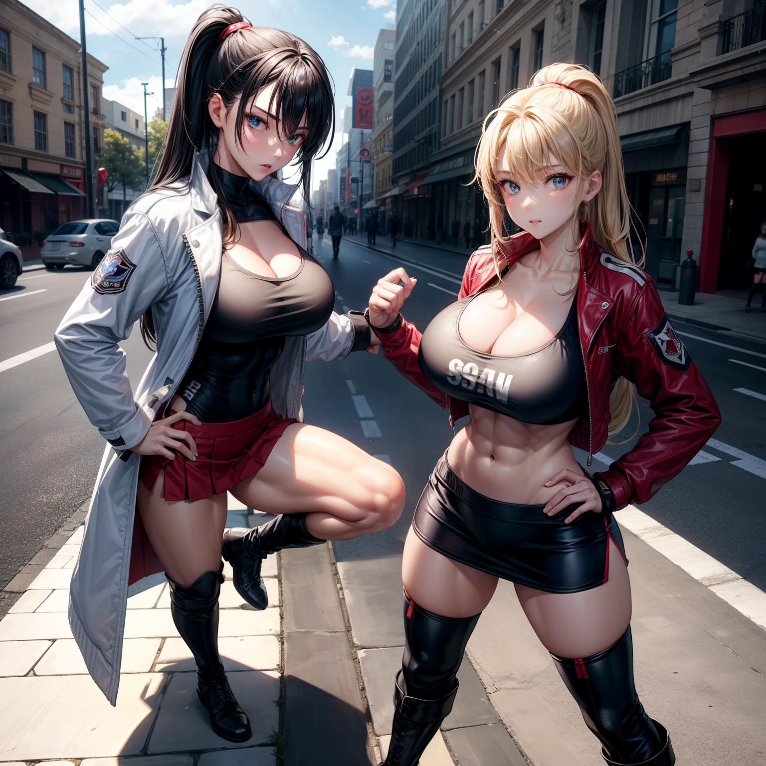 Female Martial Artist、huge tit、a beauty girl、Nice Buddy、Excellent style、musculature、jaket、Sportsbra、a miniskirt、knee boots、globe、street、is standing、full body seen