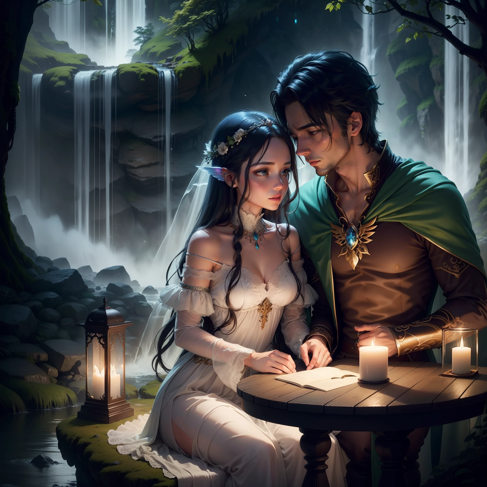 Picture a scene in an enchanting forest, illuminated by the soft glow of the moonlight, with a magnificent waterfall cascading nearby. A water fairy, with delicate wings shimmering in the night, is locked in a passionate embrace with a handsome human male. Her attire combines the mystical and the ethereal, adorned with intricate patterns and a touch of natural elements, while his simple yet charming clothing complements the magical setting. Their eyes meet with intense emotion, a connection that transcends worlds. The waterfall's mist surrounds them, adding to the enchantment of this tender and magical moment shared between the witch fairy and the human male.