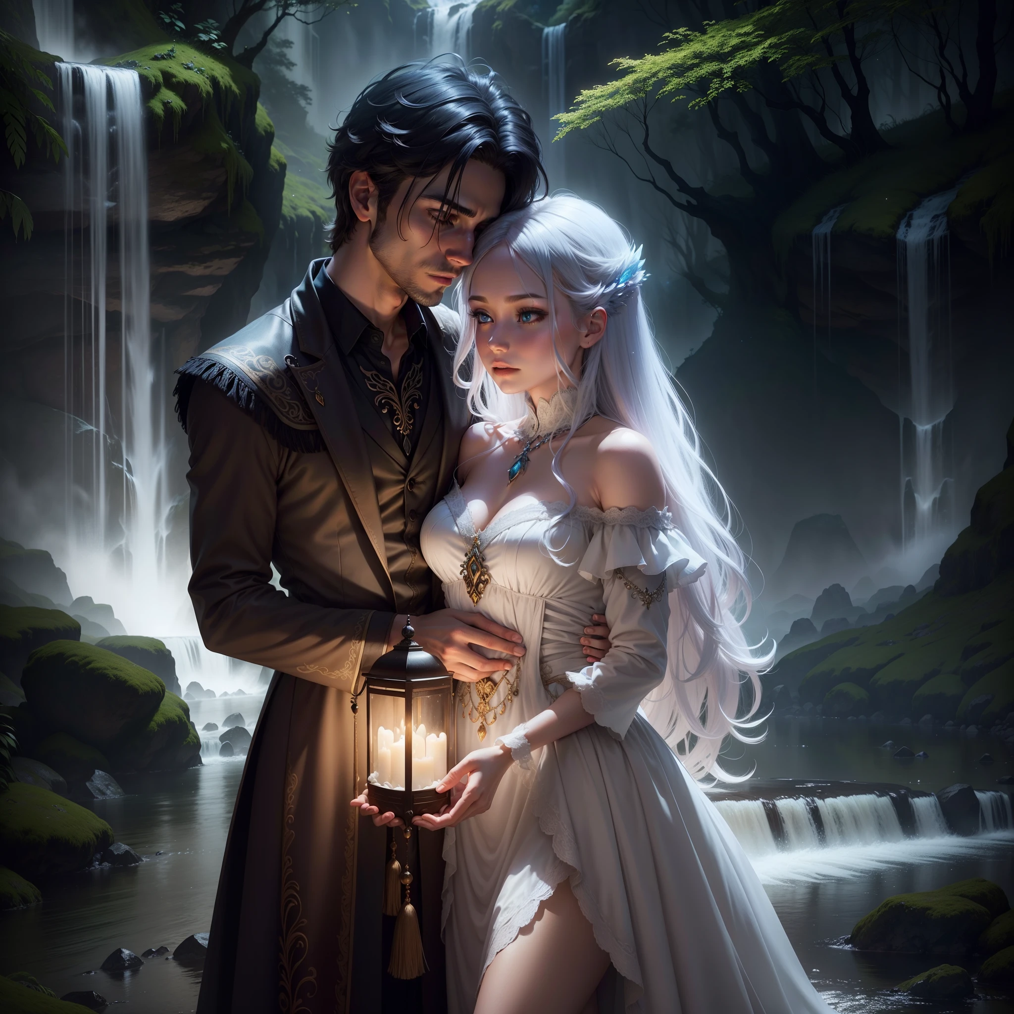 Picture a scene in an enchanting forest, illuminated by the soft glow of the moonlight, with a magnificent waterfall cascading nearby. A witch fairy, with delicate wings shimmering in the night, is locked in a passionate embrace with a handsome human male. Her attire combines the mystical and the ethereal, adorned with intricate patterns and a touch of natural elements, while his simple yet charming clothing complements the magical setting. Their eyes meet with intense emotion, a connection that transcends worlds. The waterfall's mist surrounds them, adding to the enchantment of this tender and magical moment shared between the witch fairy and the human male.