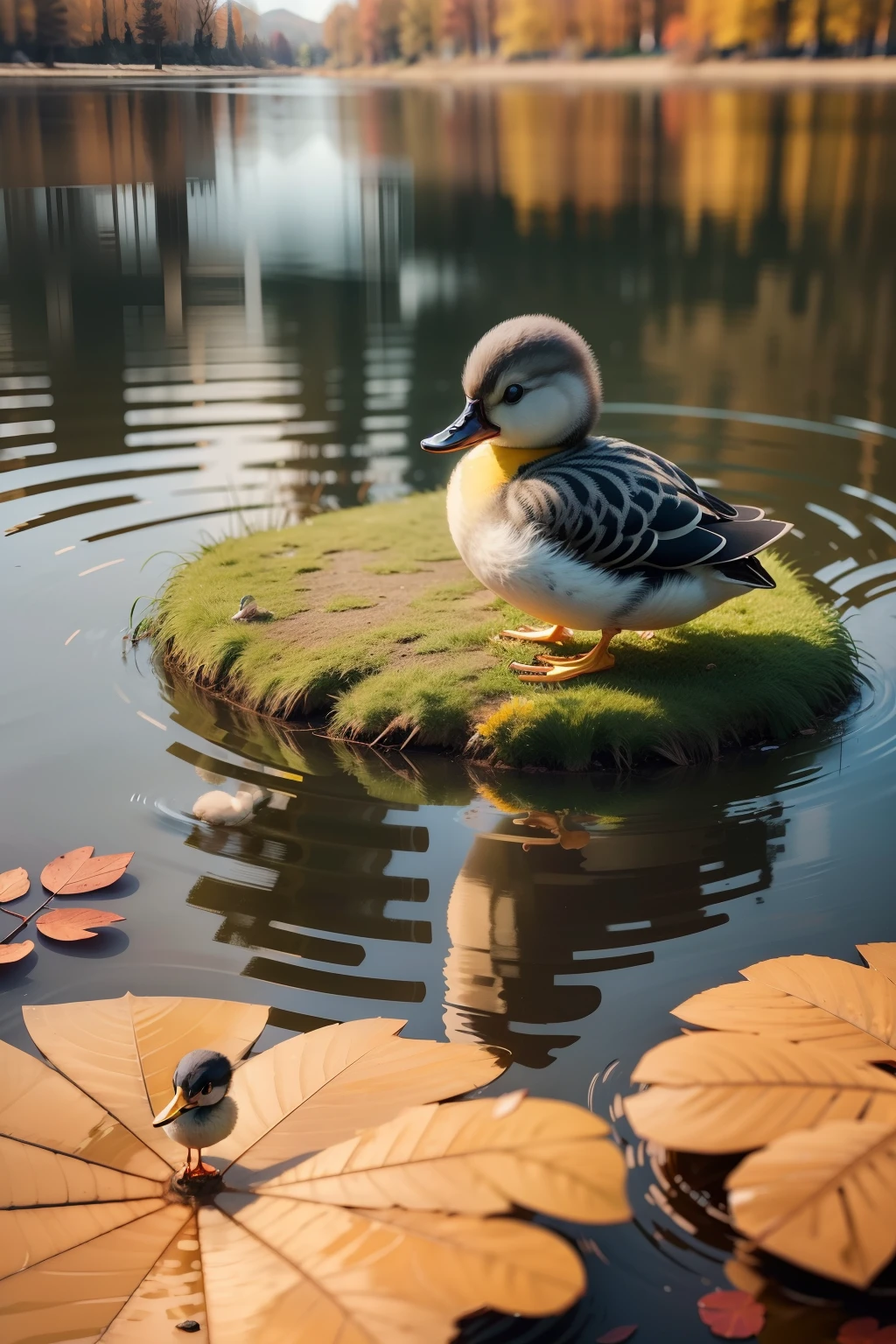 There is a gray duckling in the lake, autumn season