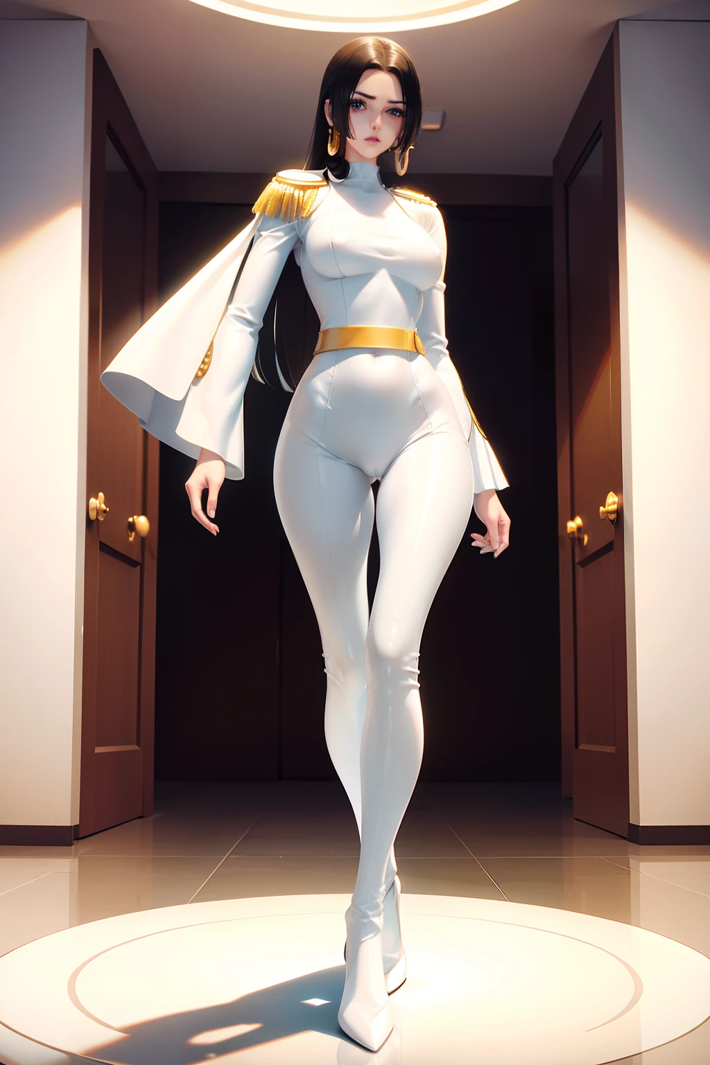 araffe in a white uniform posing in a room, tight outfit, hyperrealistic full figure, smooth white tight clothes suit, tight attire, 3 d white shiny thick, very sexy outfit, wearing tight suit, in white futuristic armor, intriguing outfit, glossy white armor, white silky outfit, tight full body suit, wearing atsuko kudo latex outfit,black hair