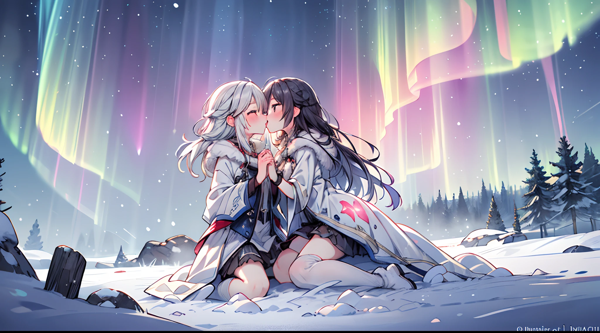 Beneath the magical glow of the Northern Lights, two souls embrace in a kiss on the mouth, the ethereal colors of the aurora borealis casting an otherworldly spell, the snow-covered landscape adding to the enchantment, 3D rendering, using soft lighting and translucent textures to capture the mystical quality of the scene