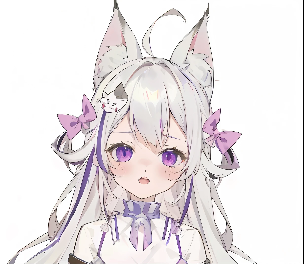 Anime girl with long white hair and purple eyes wearing a bow, anime girl with cat ears, Girl with cat ears, cute anime catgirl, White fox ears, beautiful anime catgirl, Very beautiful anime cat girl, White Cat Girl, pale pointed ears, Girl with fox ears, with pointy ears, From Arknights, ahegao, White-haired fox