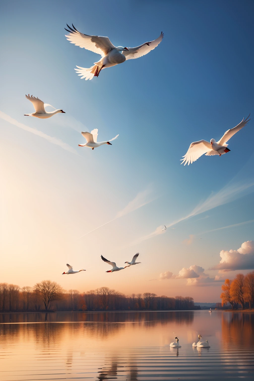 There is a group of swans, flying, autumn season