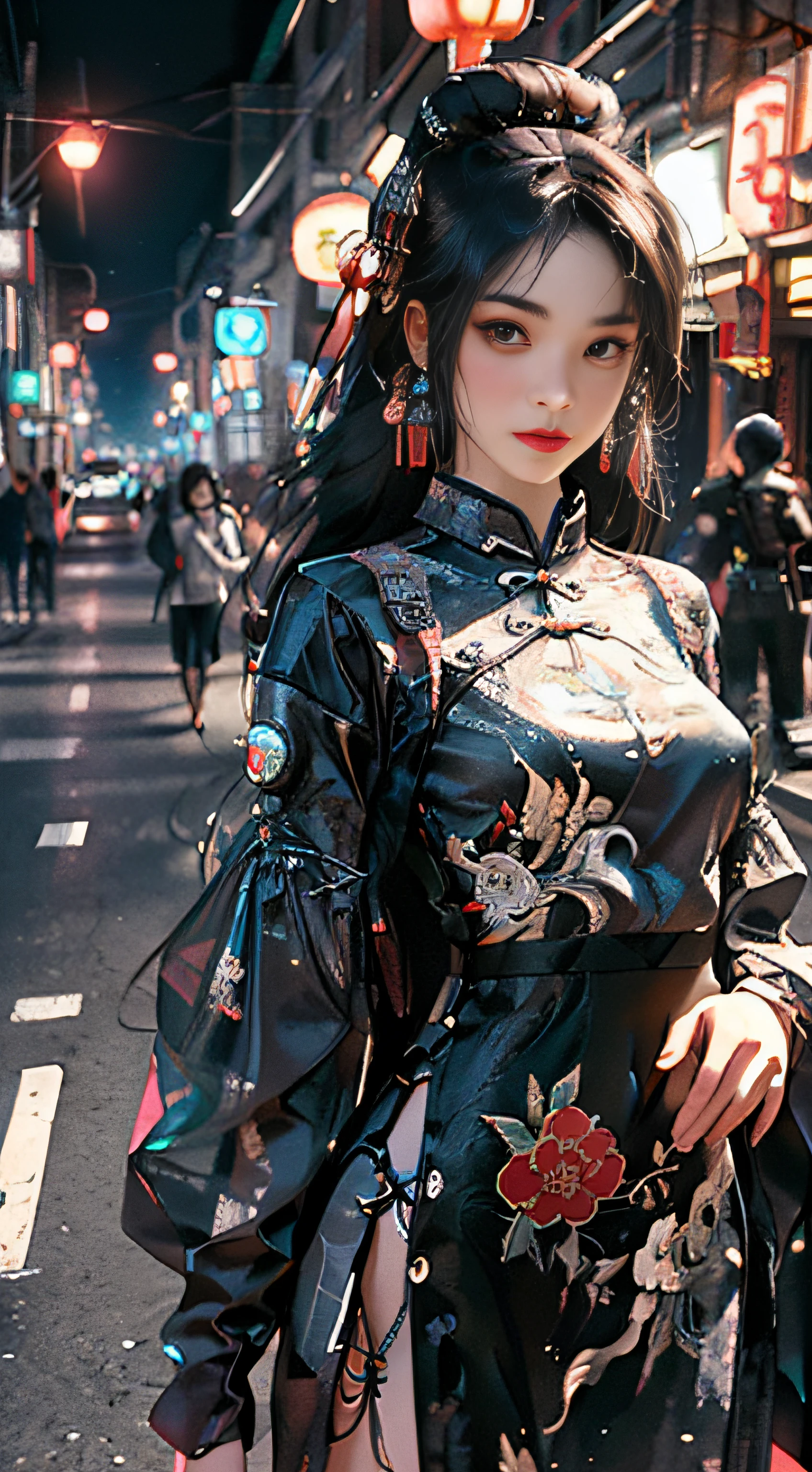 (Master Works :1.5), (Best picture quality :1.5), (Very Fine Detail, 8K, Wallpaper :1.3), Very Fine Detail, High contrast, Complex Detail, physics-based rendering, Best Composition, Whole body, Cyberpunk character Style, Dynamic Styling, 1 girl, Fine brown eyes, Eyeshadow, Makeup, long black hair, Detailed big eyes, looking at the audience, blush, full small lips, red lips, long hair :1.3, upper body, (standing), (Hair accessories :1.1), headwear, Chinese cheongsam, Cyberstyle Cheongsam, blue and pink cheongsam, (Cyberpunk Light :1.1), neon, all mechanical and futuristic elements, technology, the background is a traditional Chinese street, This street with no people, on the street with no people, paper lanterns, neon, Ultra high resolution, (Slim:1.2), dramatic lighting, vibrant detail, Deluxe Cyberpunk, Complex background, octane render, 8k, best quality, masterpieces, illustrations, extremely delicate and beautiful, Very detailed, CG, wallpaper, (realistic, realistic :1.37), Amazing, fine detail, masterpiece, best quality, official art, (Natta :1.5) cowboy shot