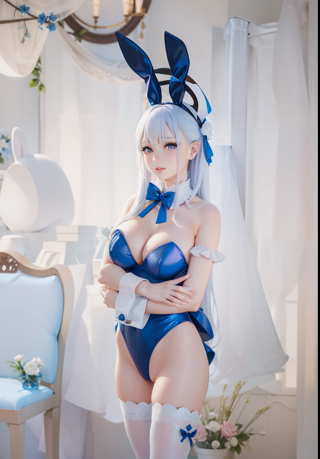 Arad woman in blue bunny suit poses for a photo, Anime girl cosplay, Anime cosplay, ultrarealistic sweet bunny girl, Bunny Girl, cosplay, azur lane style, Anime figure; Full-body art, dark blue leotard costume, seductive anime girls, Costume with blue accents, leather bunny costume bodysuit, professional cosplay, Anime figure