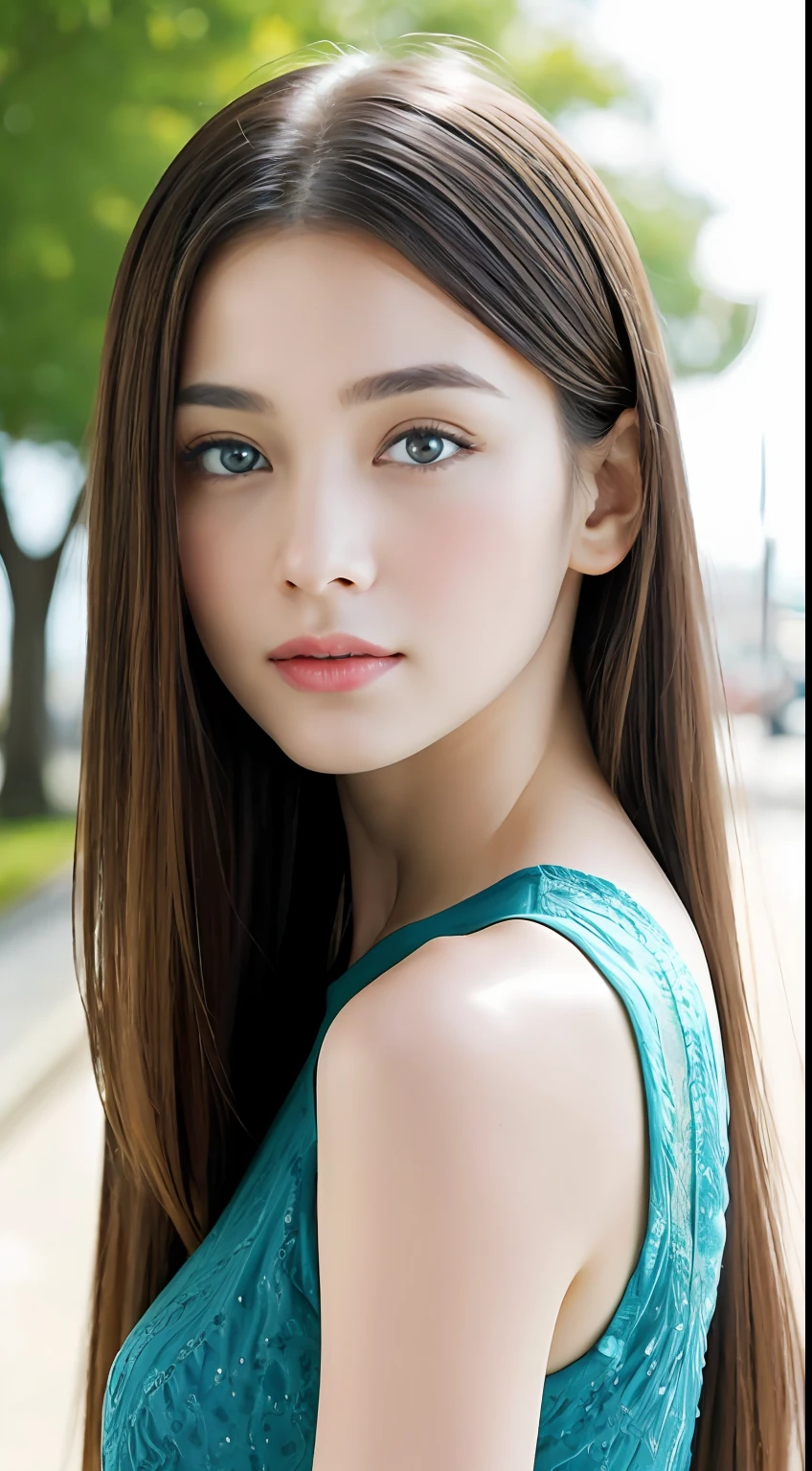 The shape of the eyes is almond-shaped,、Beautiful woman in her 20s with deep aqua blue color eyes