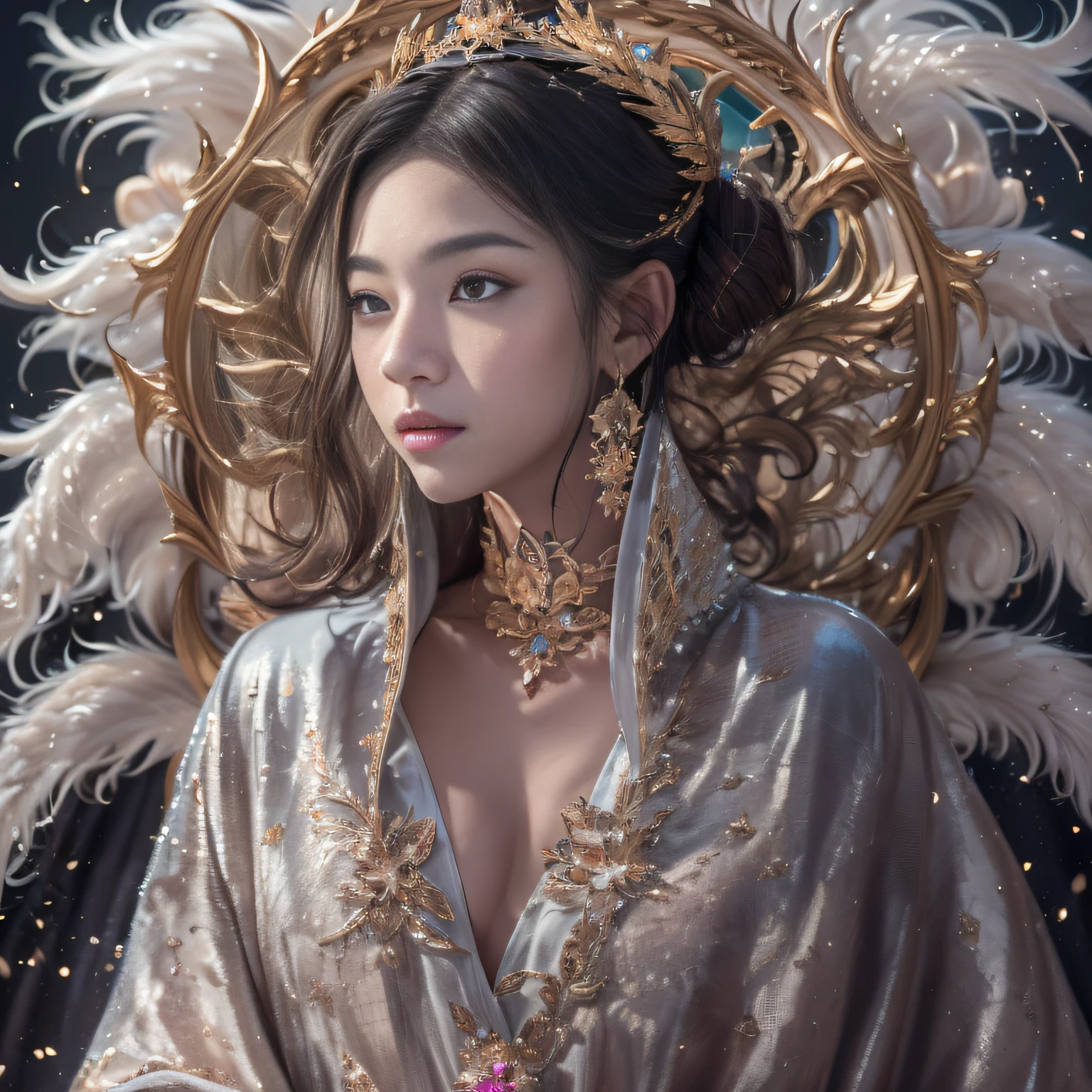 16k(tmasterpiece,k hd,hyper HD,16k)short detailed hair,Gold jewelry area in the back room,King Girl ,Silver Dragon Protector (realisticlying:1.4),Python pattern robe,Purple-pink tiara,Snowflakes fluttering,The background is pure,Hold your head high,Be proud,The nostrils look at people, A high resolution, the detail, RAW photogr, Sharp Re, Nikon D850 Film Stock Photo by Jefferies Lee 4 Kodak Portra 400 Camera F1.6 shots, Rich colors, ultra-realistic vivid textures, Dramatic lighting, Unreal Engine Art Station Trend, cinestir 800,Hold your head high,Be proud,The nostrils look at people