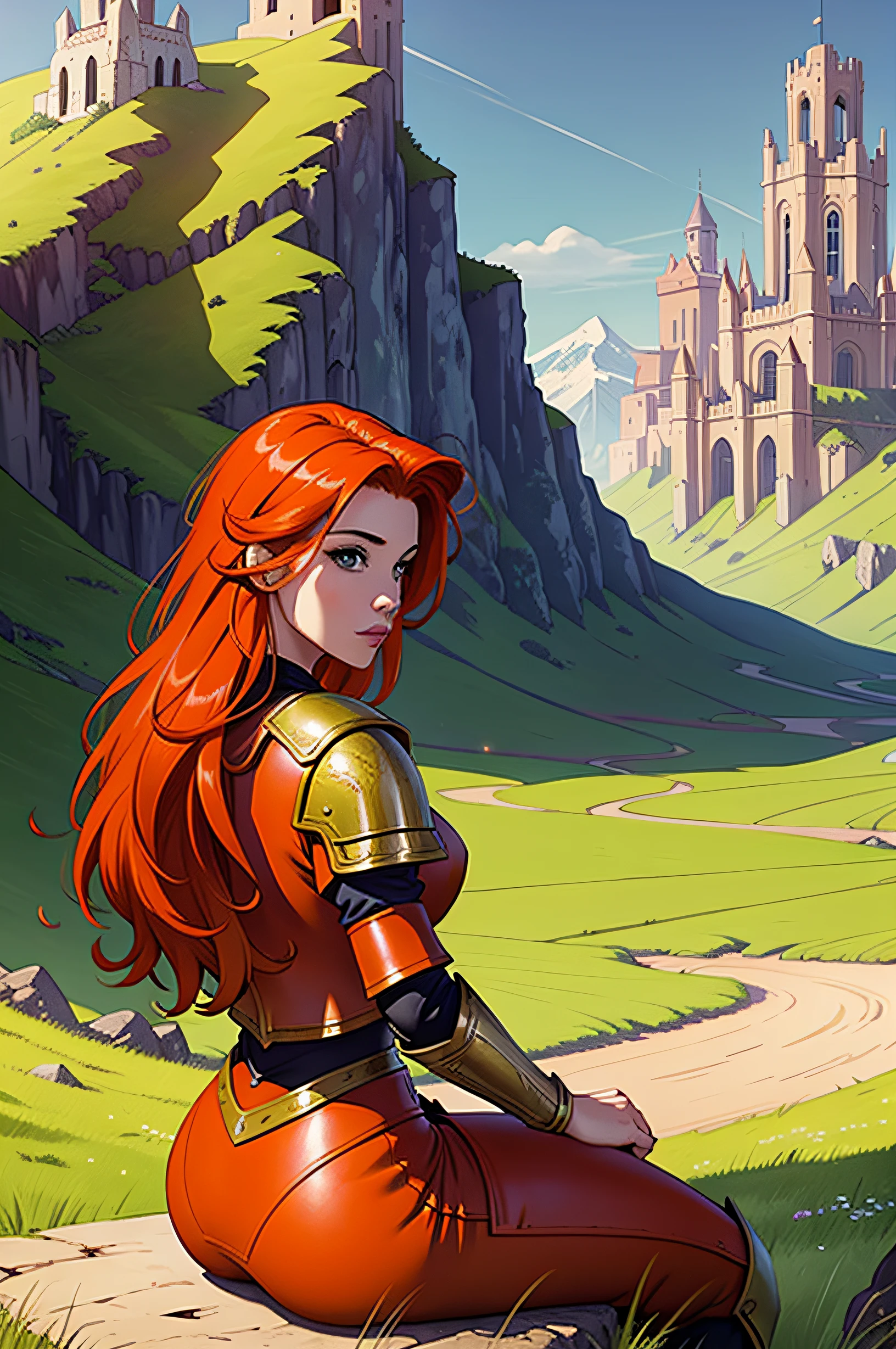 masterpiece,best quality,sitting down in the grass field,fantasy landscape with small medieval city hold in the distant,distant mountain,solo,a woman.beautiful orange medium fringe hair,red leather armor,back