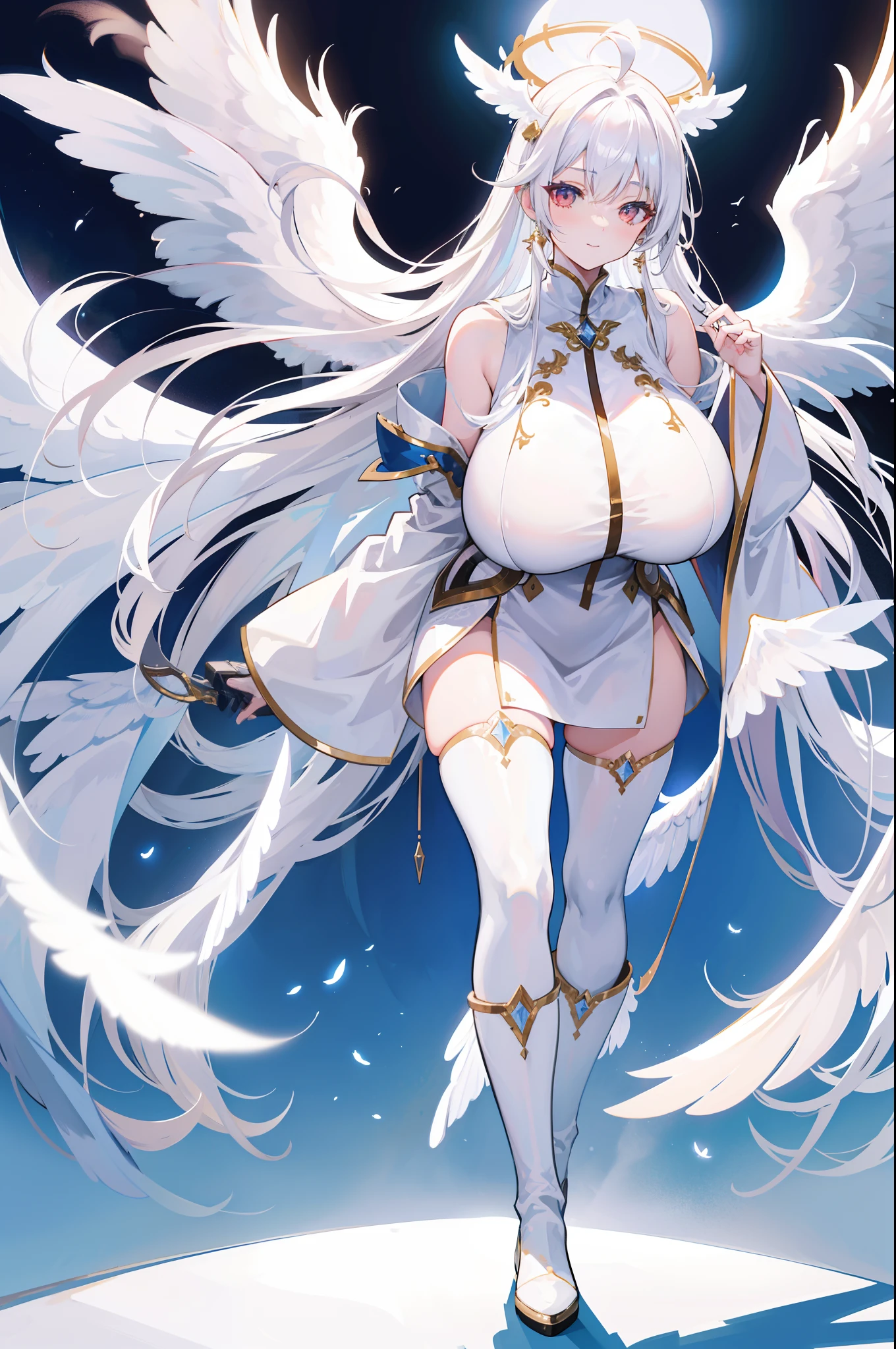 long white robe, White color hair, (White gloves), ((white long boots)), ((((Four pairs of wings,Huge white wings)))), white backgrounid, White hair, ahoge, Long hair, hair between eye, Very long hair, Shiny hair, hair splayed out, Absurdly long hair, huge ahoge, Halo, (clover hair ornament), red color eyes,Crystal earrings, Light smile, High detail, anime big breast, Minimalism, Anime style, Verism, Chiaroscuro, Depth of field, Cinematic lighting, Ray tracing, shadowing, Vignetting, hyper HD, Masterpiece, ccurate, Anatomically correct, Textured skin, Super detail, High details, High quality, Award-Awarded, Best quality, A high resolution, 16k,Full body like,Standing painting,correct hand