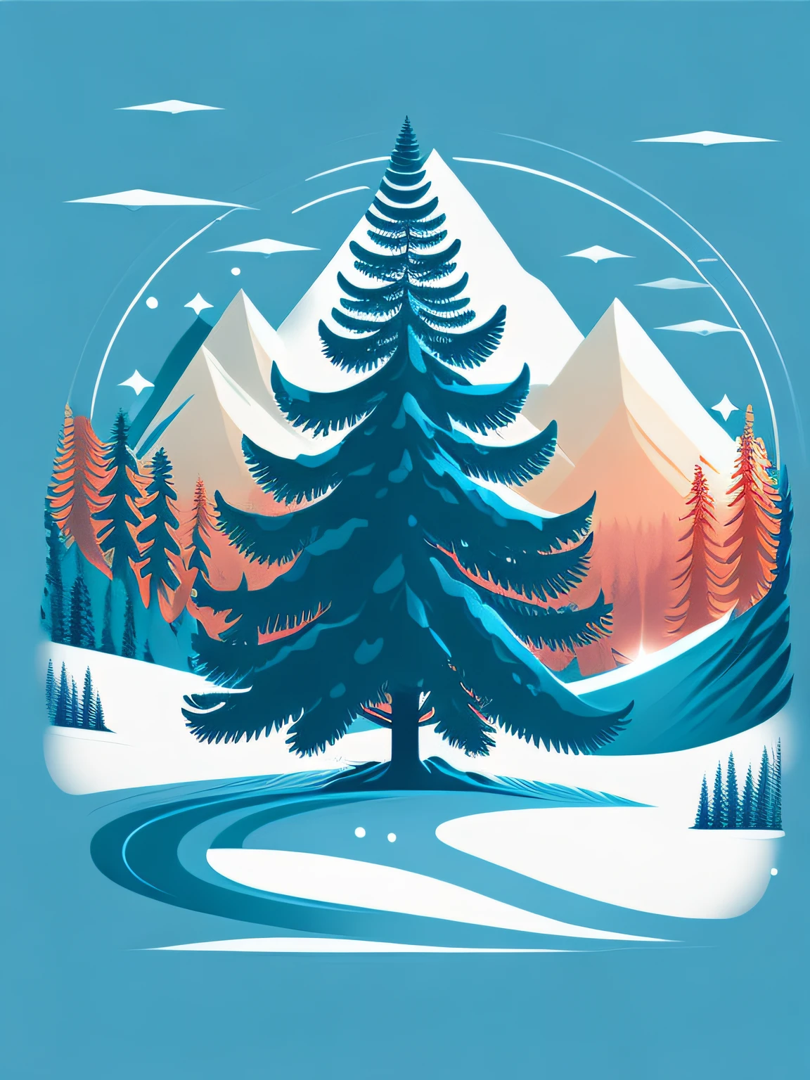 A spruce tree in a winter landscape, t-shirt design, rzminjourney, vector art