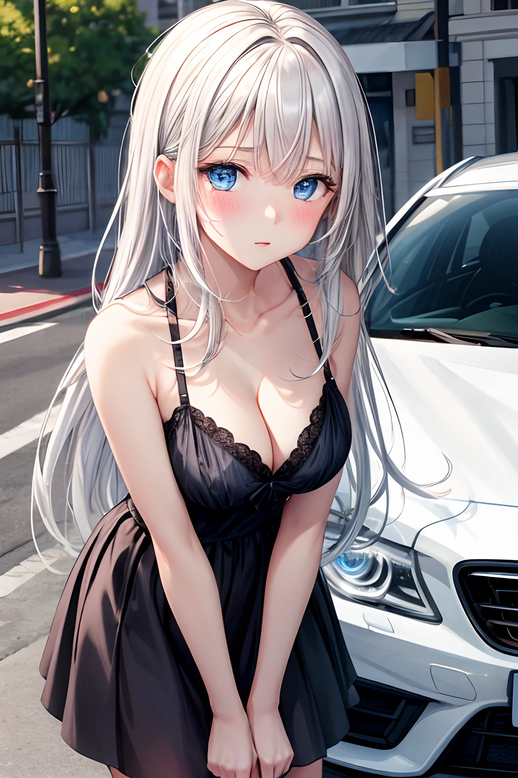 ultra detailed, 1girl, 18y, medium breasts, white hair, blue eyes, long hair, blush, straight-on, parking area, leaning forward, blush, cleavage, background on car, sideways, masterpiece, best quality, bare shoulders
