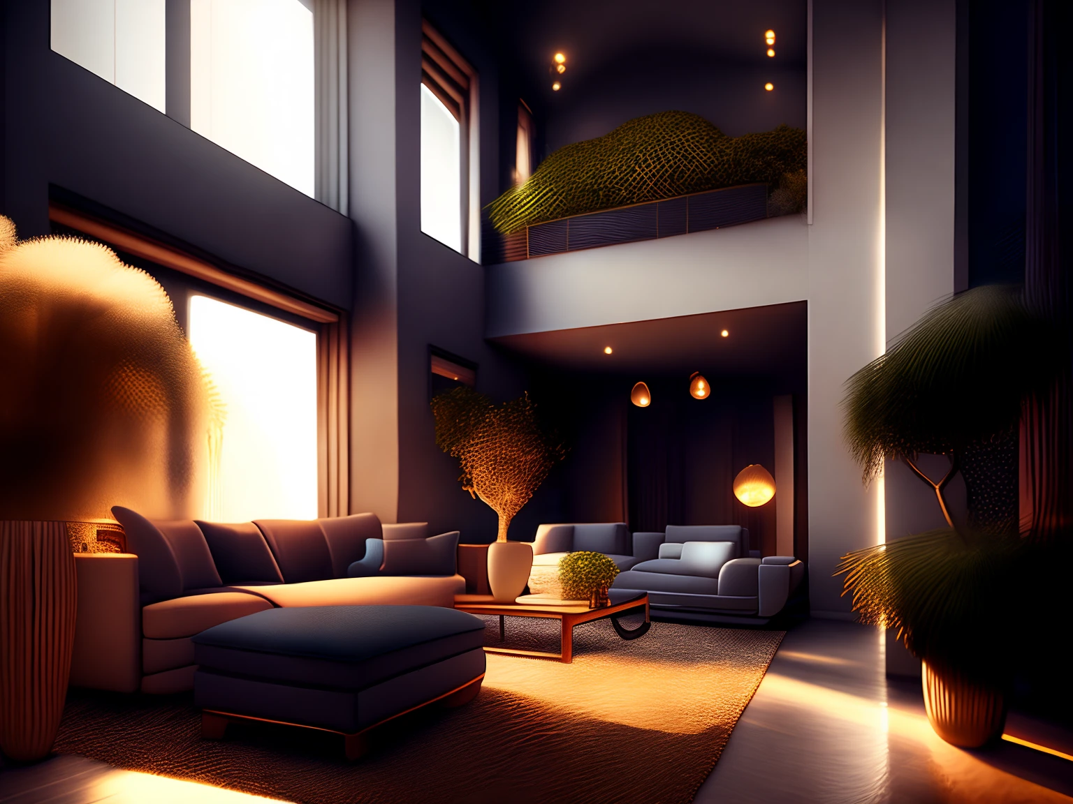 insanely detailed wide angle architecture photography, cozy contemporary living room, intersting lights and shadows, award-winning contemporary interior design, ARCHITECTURE,FURNITURE,INDOORS,BUILDING,LIVING ROOM,ROOM,RUG,PLANT,HOME DECOR,COUCH,CHAIR,INTERIOR DESIGN