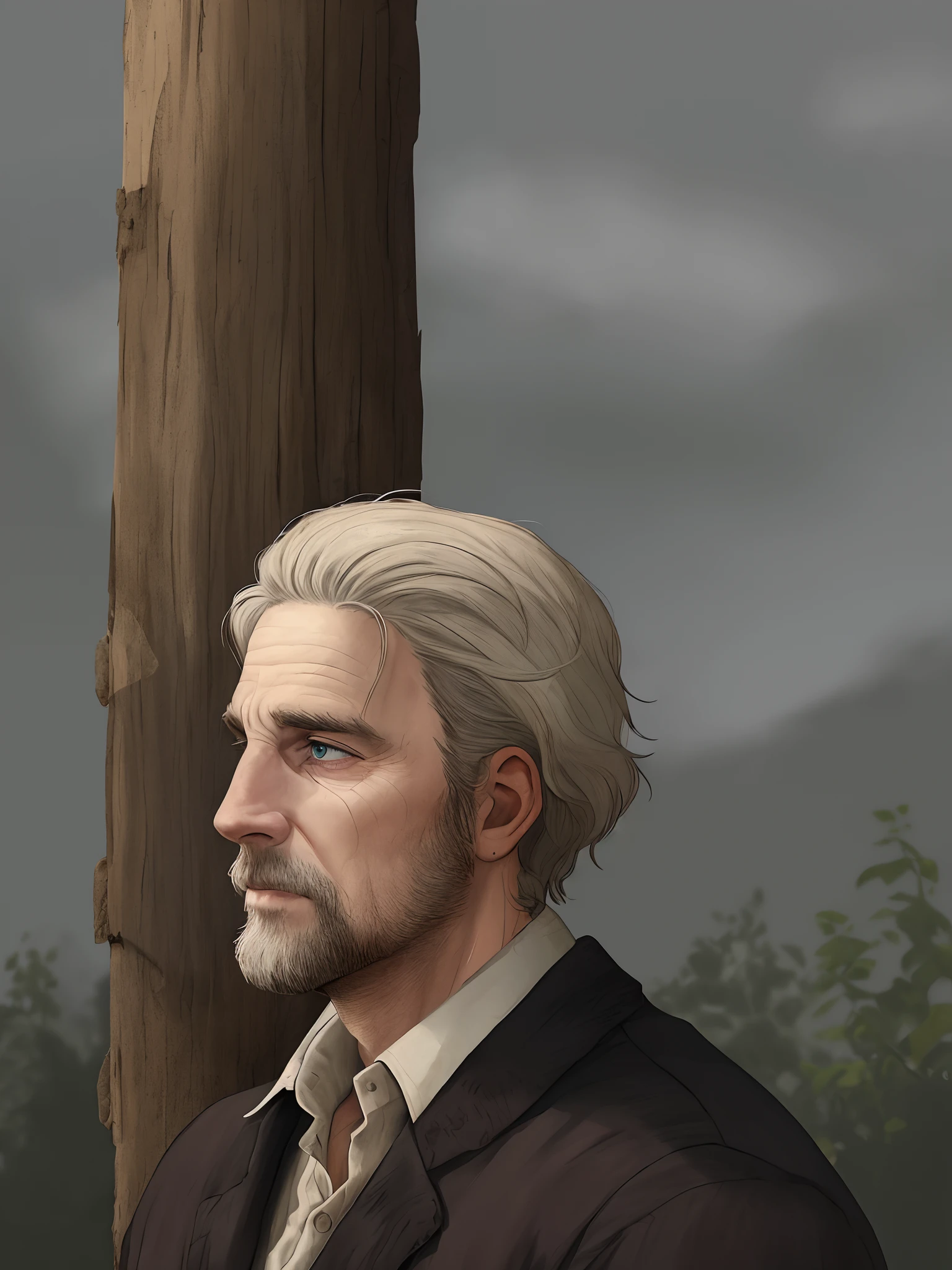 A mute husband from the 1970s. He lives far from the city, being a farmer and middle class. He is tall (1.80m) and has a strong build. His skin is pale and his eyes are blue, although his appearance is rough and worn. He wears loose-fitting, functional clothing and looks like an ordinary man.