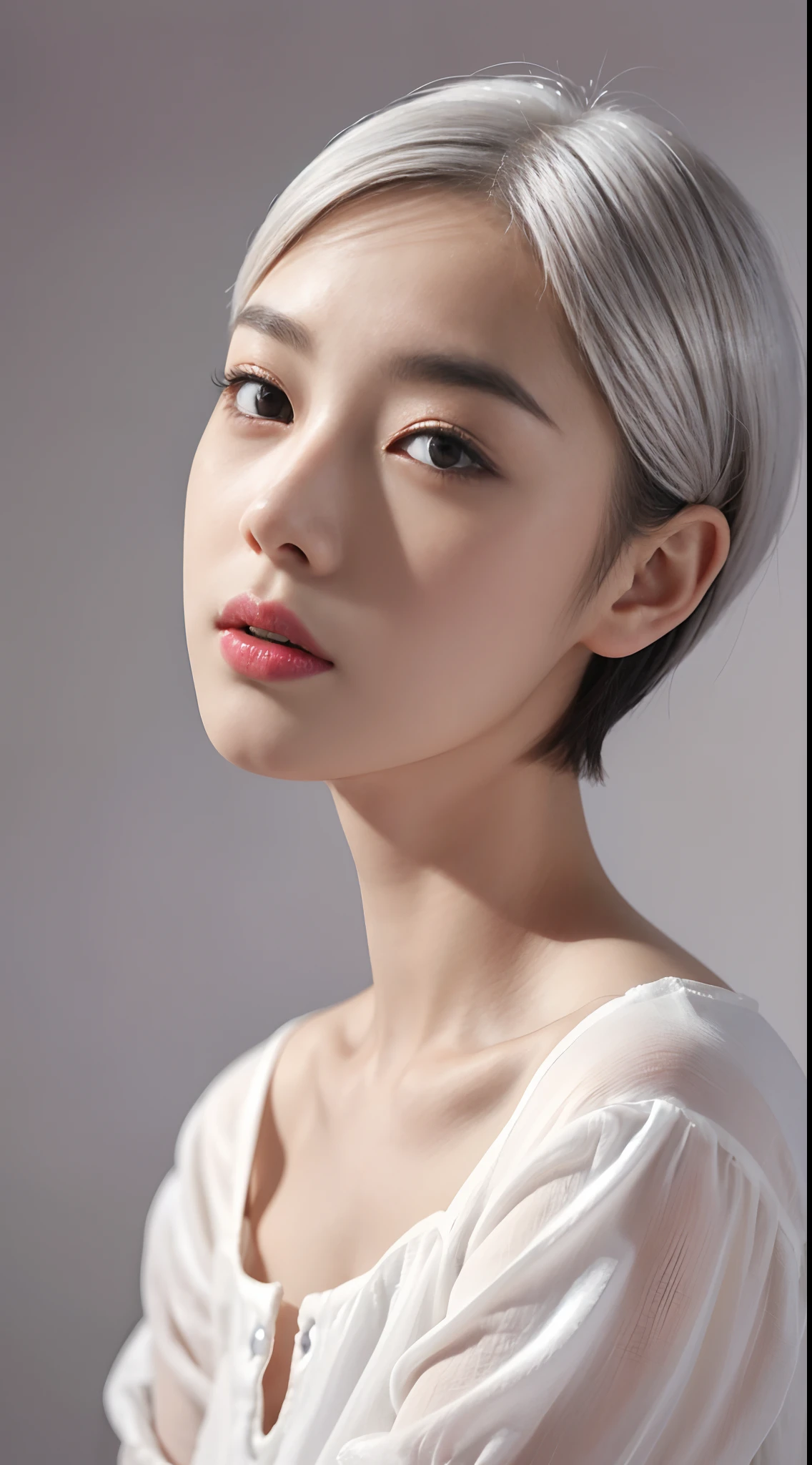 Medium shot of korean cute girl , Big detailed eyes , (Extremely Long iris) , Full round lips , Soft round face shape , Skinny, Young and beautiful, ( short haircut) ,white hair color:1.6, Award photo , Masterpiece, Raw photo , 64 k , Ultra detailed , (Side view) , (Shocked eyes ), ((Realistic best quality)), Angry