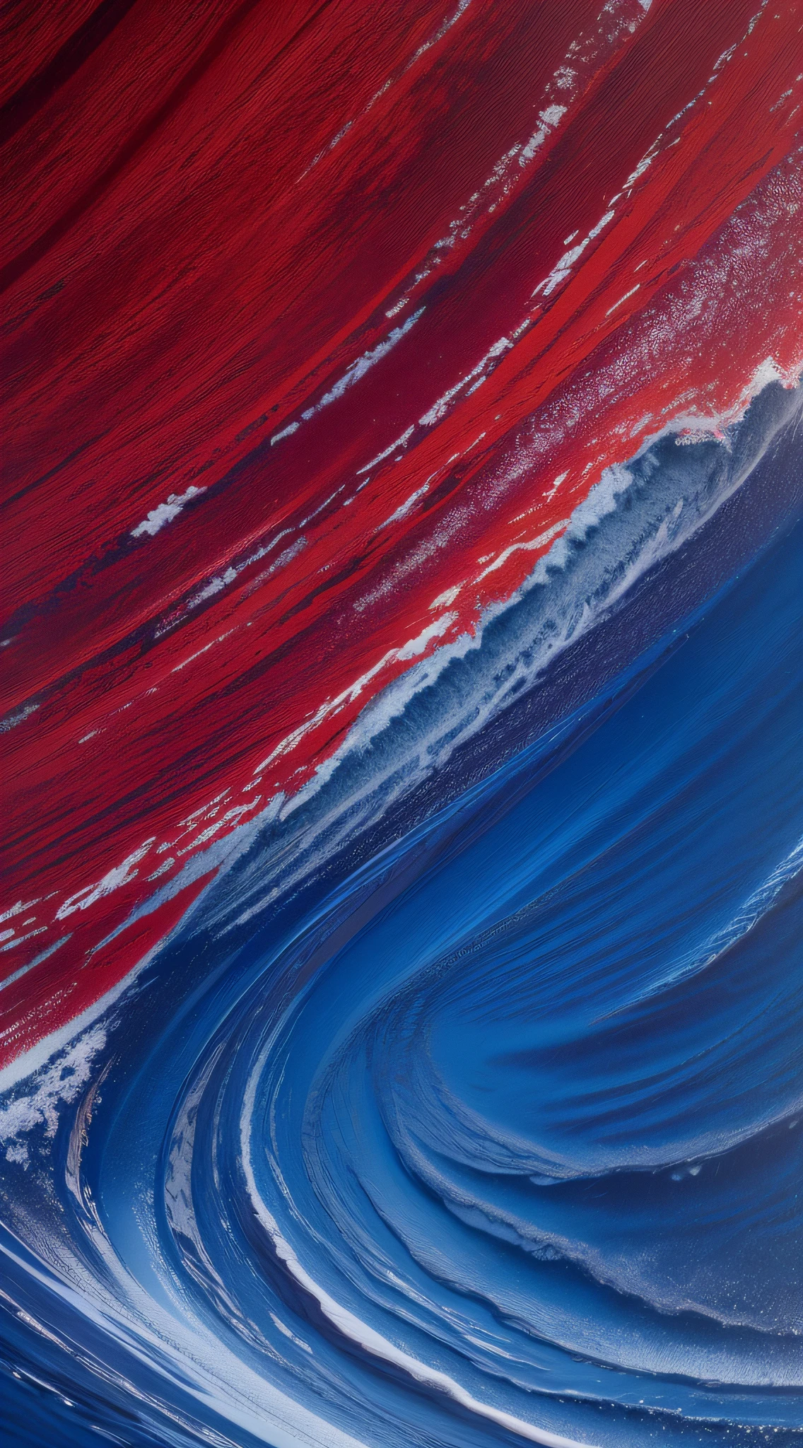 The glamorous red and deep blue of the waves，Alfield image of a fluid painting surface, k hd，Fluid pattern, Oil painting pattern effect, close-up imagery, Terrain scanning, ocean floor, The lake is a molten gold file, intricate oil sweeps, 8K magnification image, aerial iridecent veins, Liquid Fluid PaintingFluid Painting, high res photograph, high res photograph