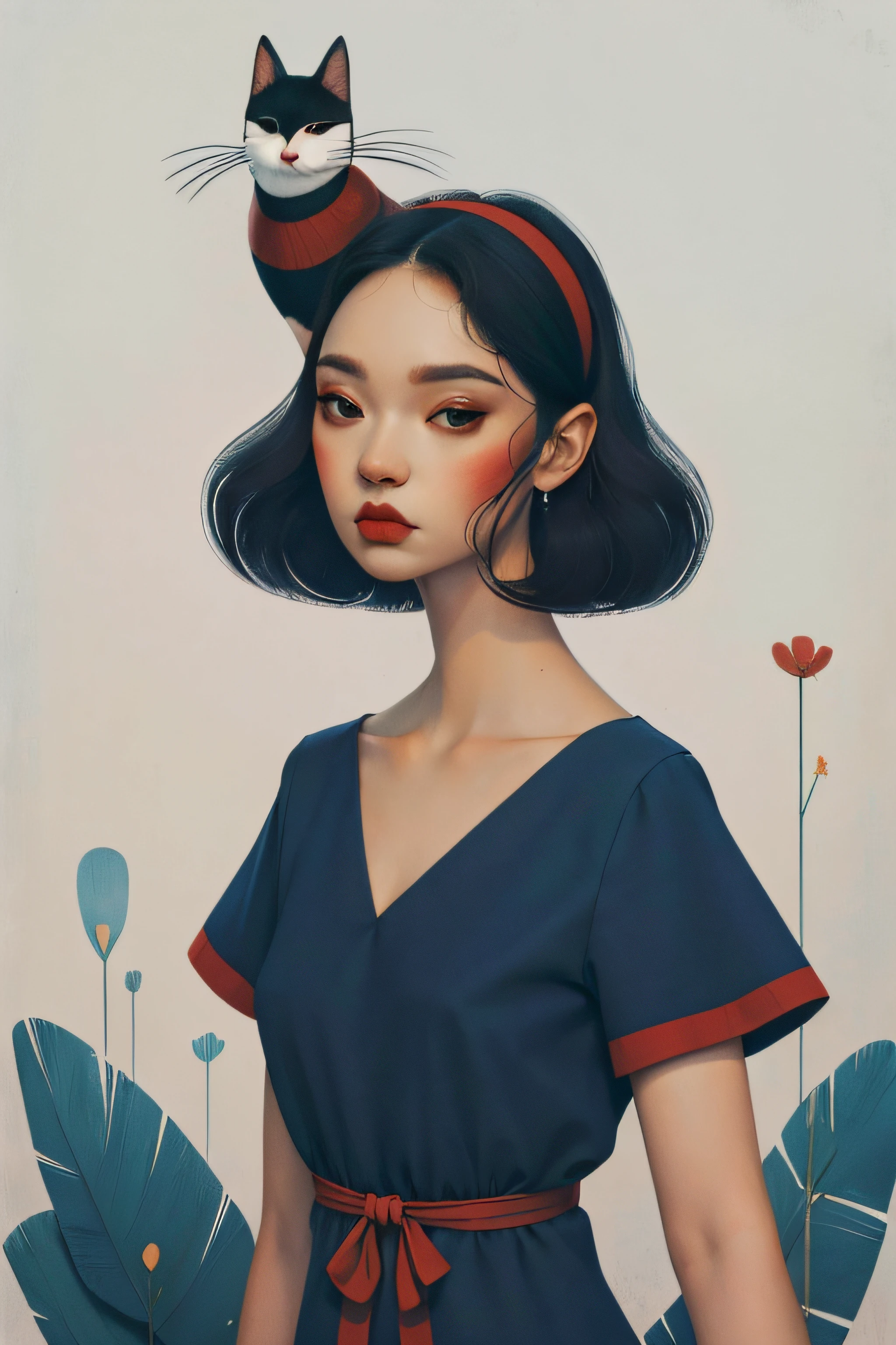 2d, NSFW, pastel color, acuarela, low color saturation,
Arte lineal, 
Ankymoore, 1girl, solamente, Mirando al espectador, pelo corto, cabello ?????, vestido, arco, manga corta, Lazo de pelo, Hairband, Nombre del artista, bolsa, vestido ?????, red bow, mirando hacia un lado, maquillaje, vestido azul, bird, animal, gato, escoba, bandolera, Cinta roja para el cabello, labios rojos, bruja, gato ?????, montar escoba, animal en el hombro,