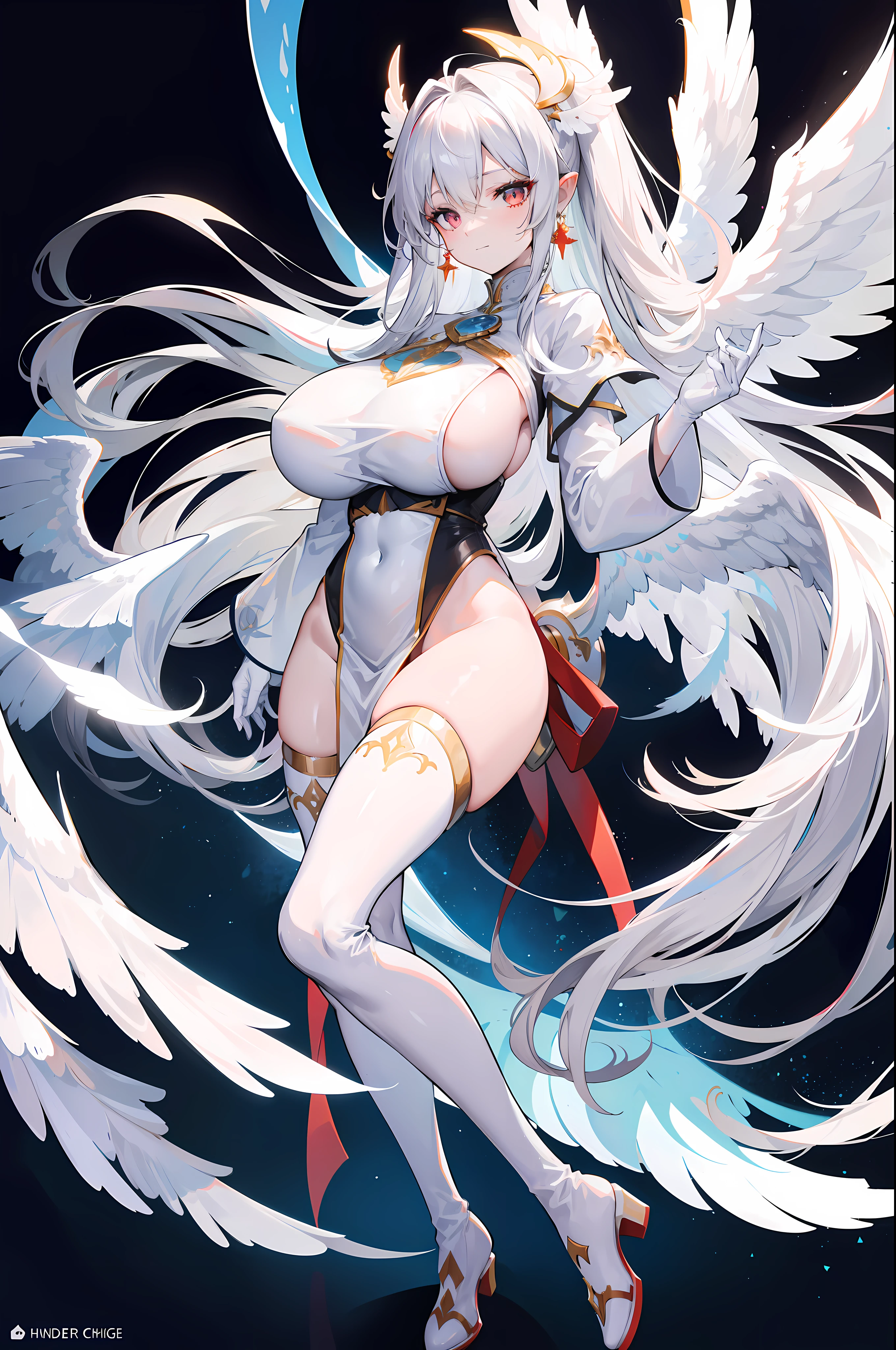long white robe, White color hair, (White gloves), ((white long boots)), ((((Four pairs of wings,Huge white wings)))), white backgrounid, White hair, ahoge, Long hair, hair between eye, Very long hair, Shiny hair, hair splayed out, Absurdly long hair, huge ahoge, Halo, (clover hair ornament), red color eyes,Crystal earrings, Light smile, High detail, anime big breast, Minimalism, Anime style, Verism, Chiaroscuro, Depth of field, Cinematic lighting, Ray tracing, shadowing, Vignetting, hyper HD, Masterpiece, ccurate, Anatomically correct, Textured skin, Super detail, High details, High quality, Award-Awarded, Best quality, A high resolution, 16k,Full body like,Standing painting,correct hand