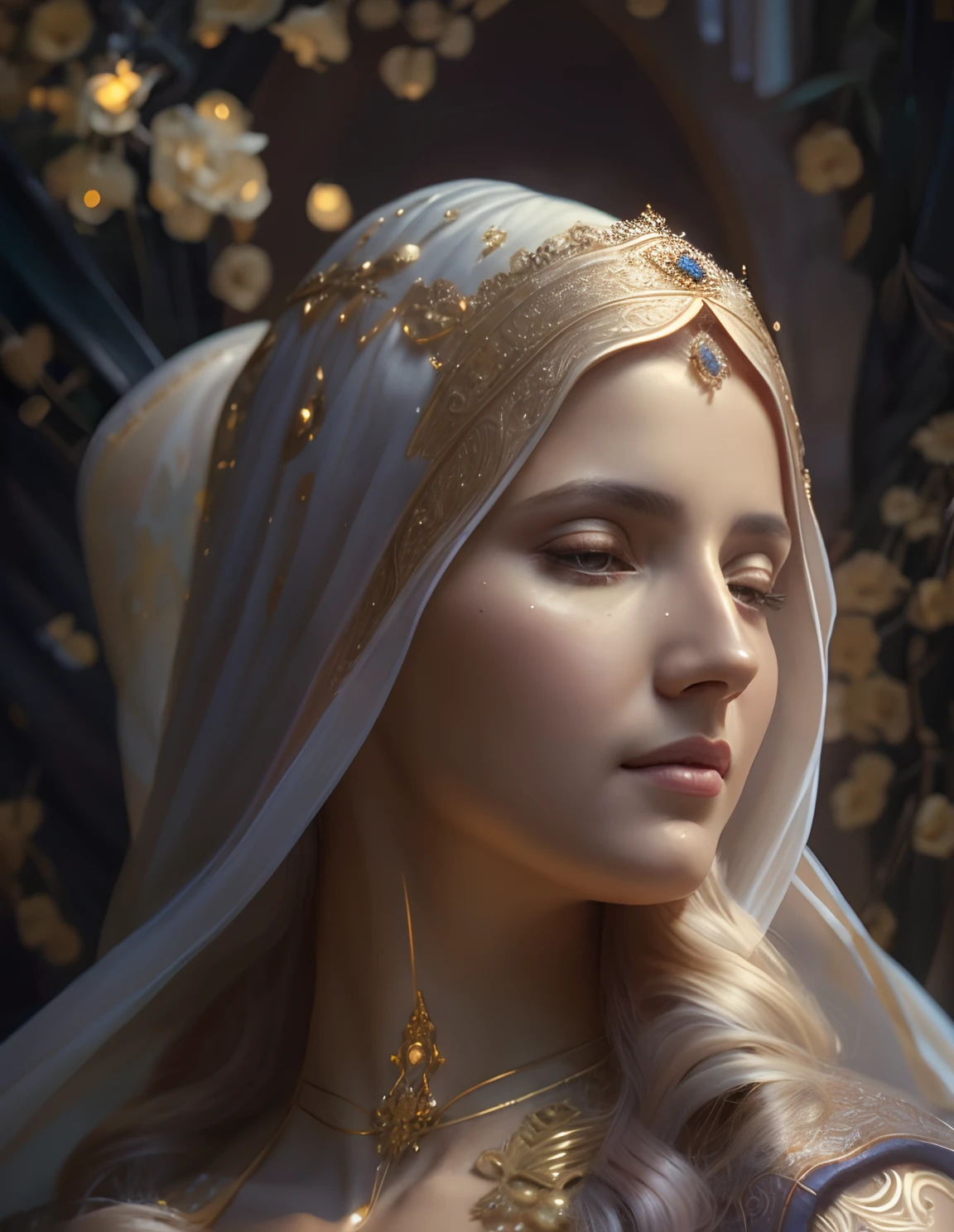 Un primer plano de una mujer con un velo y un tocado floreado, intrincado WLOP, Arte detallado de alta calidad 8K, Arte WLOP, 3 D Retrato de la Diosa, diosa. Detalle extremadamente alto, Arte de Wlop, Un impresionante retrato de una diosa, Retrato de una hermosa diosa, Retrato de primer plano de la diosa, Pintura detallada 4 K, WLOP |