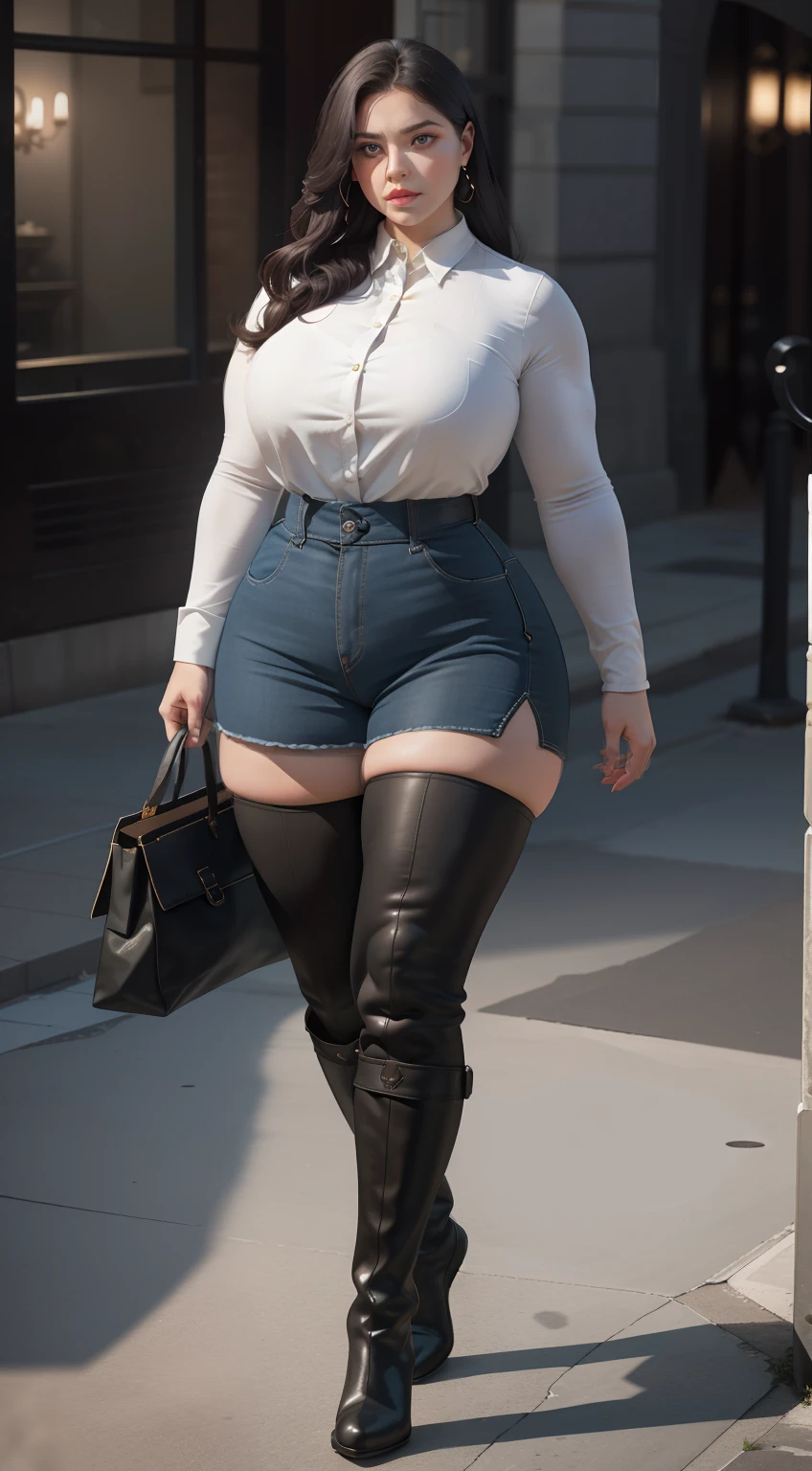 tmasterpiece,realisticlying,A high resolution,(Full body like:1.1),Walk,Burly woman,Exaggerated large muscles,The shirt,blackstockings,Dirty boots,Beautiful and charming woman face,largeeyes, 1female,Thin waist,Very broad shoulders, Strong and powerful arms,Stout arms,Thick and powerful leg muscles,long leges