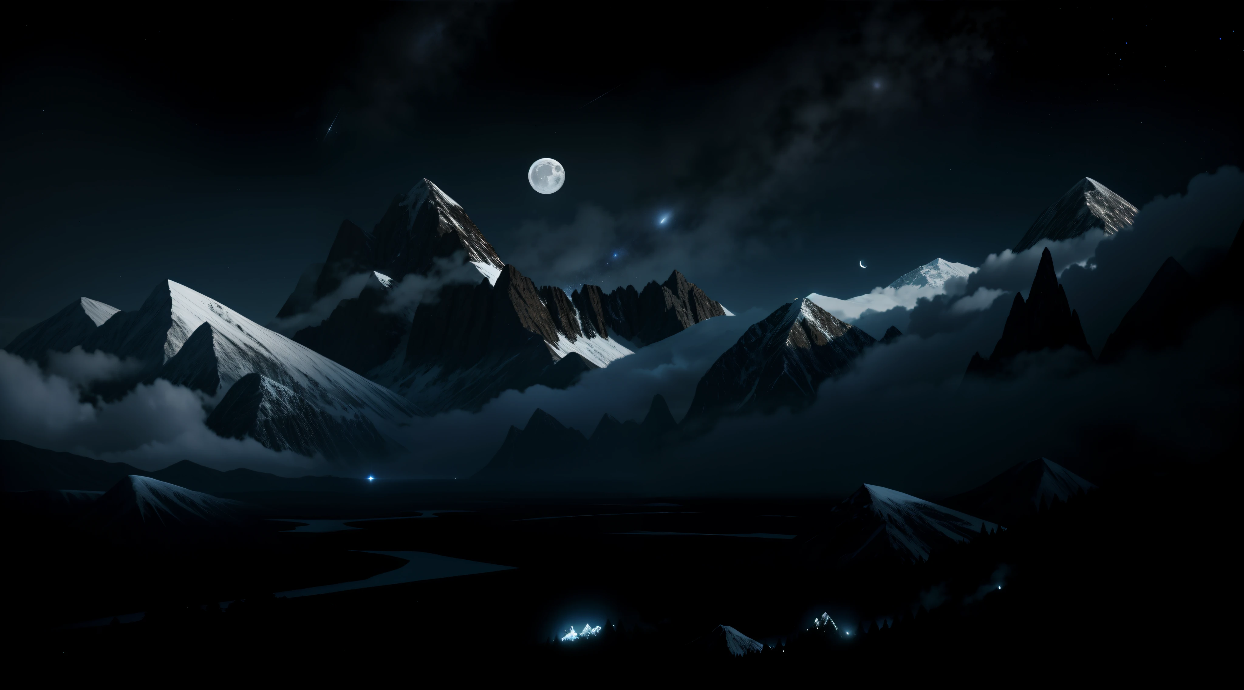 Mountains with the moon and starry sky as the background, the night，starrysky，meteors，Bleak