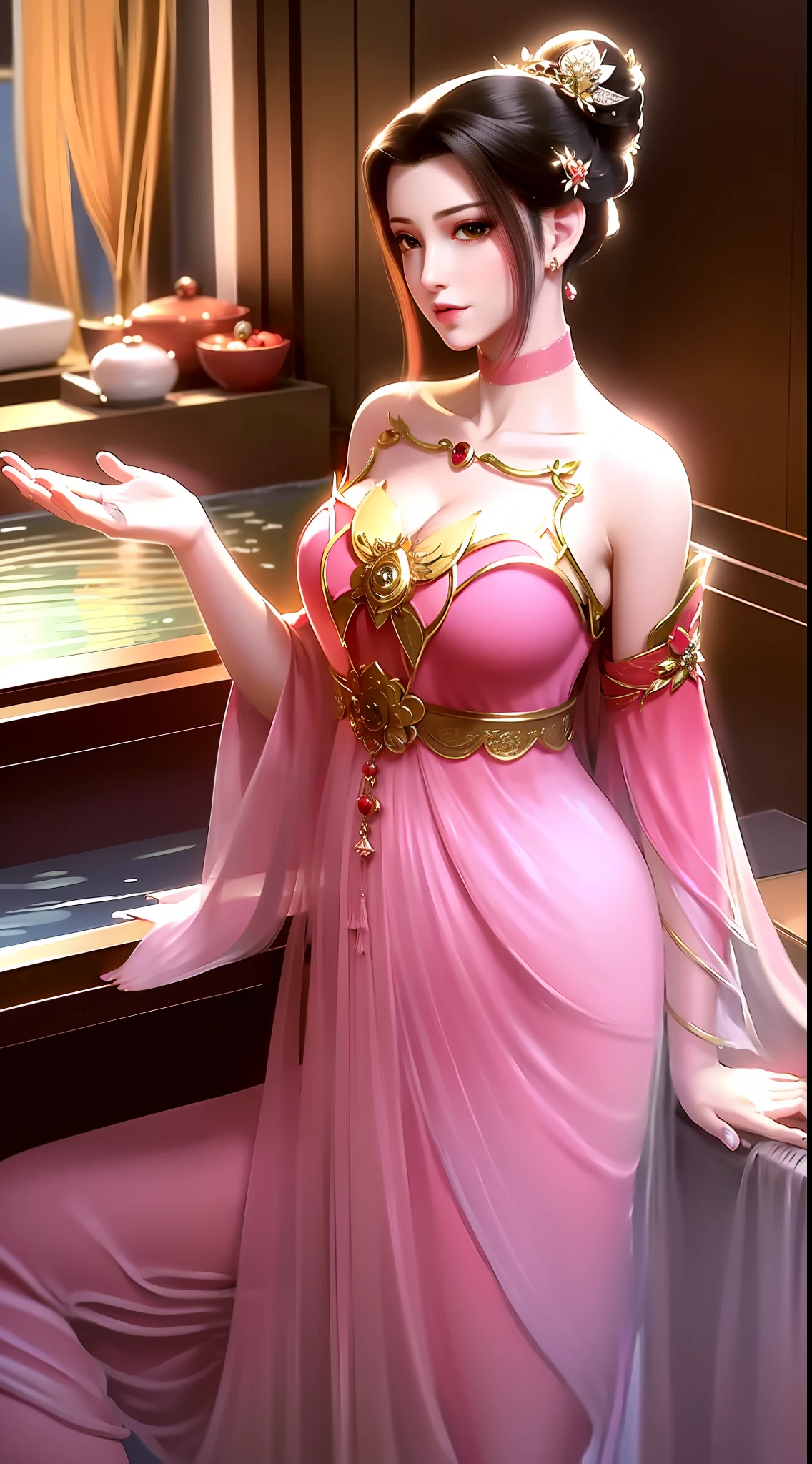 tmasterpiece,Need,highdetailRAWcolorphoto,full bodyesbian,best qualtiy,Intricate detailing，Kizi,Absolutely beautiful，Hanfu(Open the ventral bifurcation end),Expose the collarbone,show legs,(Breast enlargement:C cup),cabelos preto e longos,hair-bun,hair adornments,Seasonal hairstyles,Facial highlights,ssmile,is shy,looking to the camera，Lightweight lipstick,prette,adolable,Raised sexy，best illuminate，full bodyesbian,Indoor hot spring bath pond,Nice bath,Clean bath,sitted,Capture from different angles，Highest definition，Highest high resolution,16k，