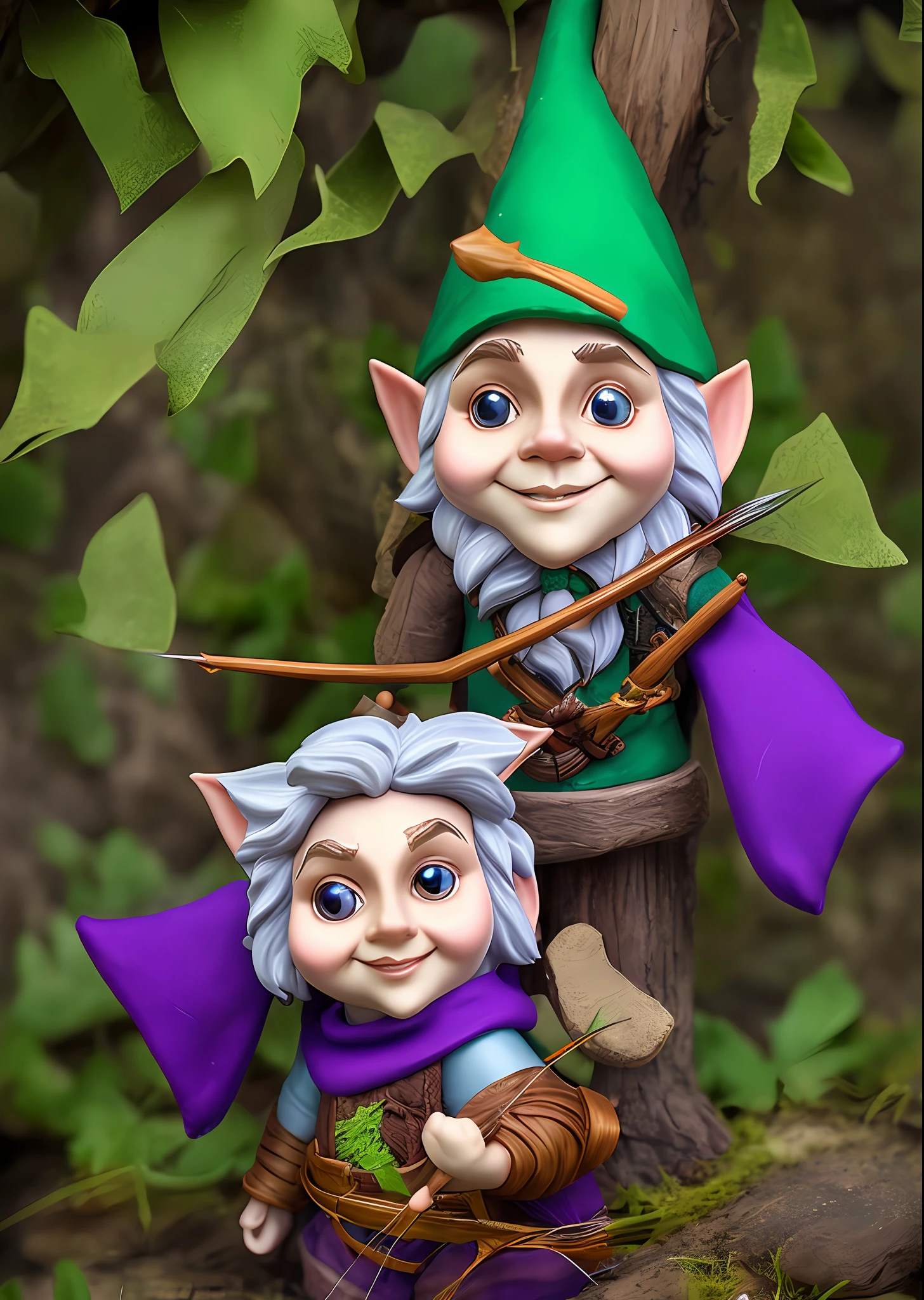 Male Moon pale gnome with a fur halo around his neck and big purple eyes using a bow and arrow. The gnome has leaf shaped antennae