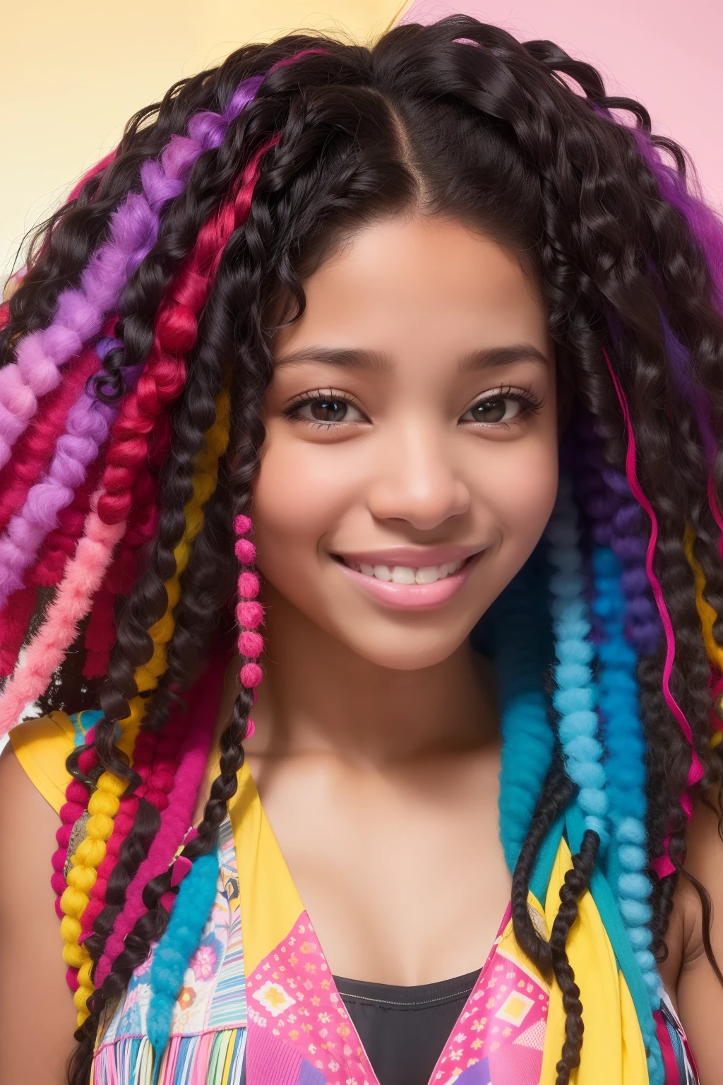 the face of the most beautiful and happy black Colombian in the world, 21 years old, a cascade of colorful hair, torn clothes. Her eyes are wide open and full of joy with lots of details and light reflections. she has many beautiful flowers in her hair